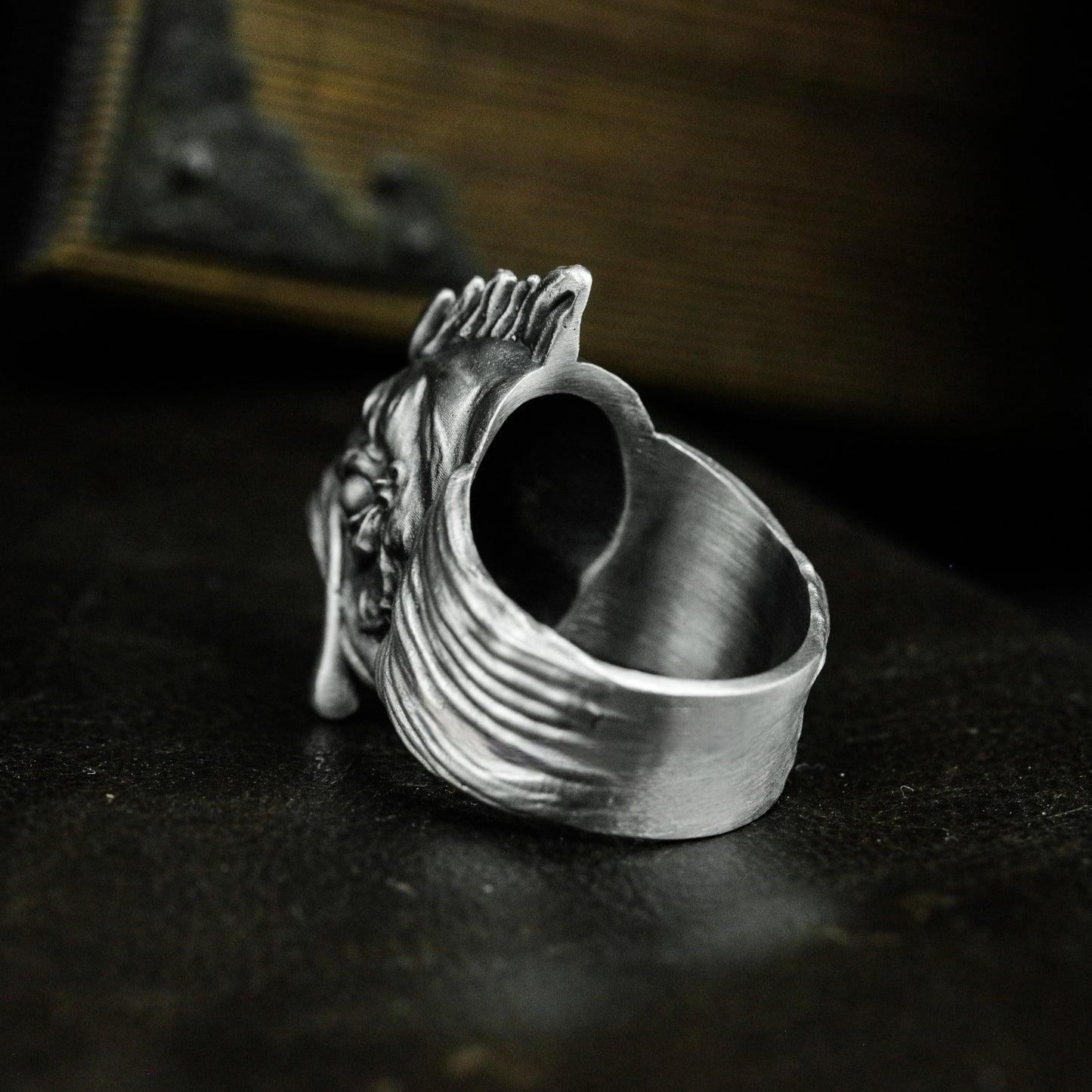 Grotesque Fish Face Ring with Textured Fins - 925 Sterling Silver Handmade