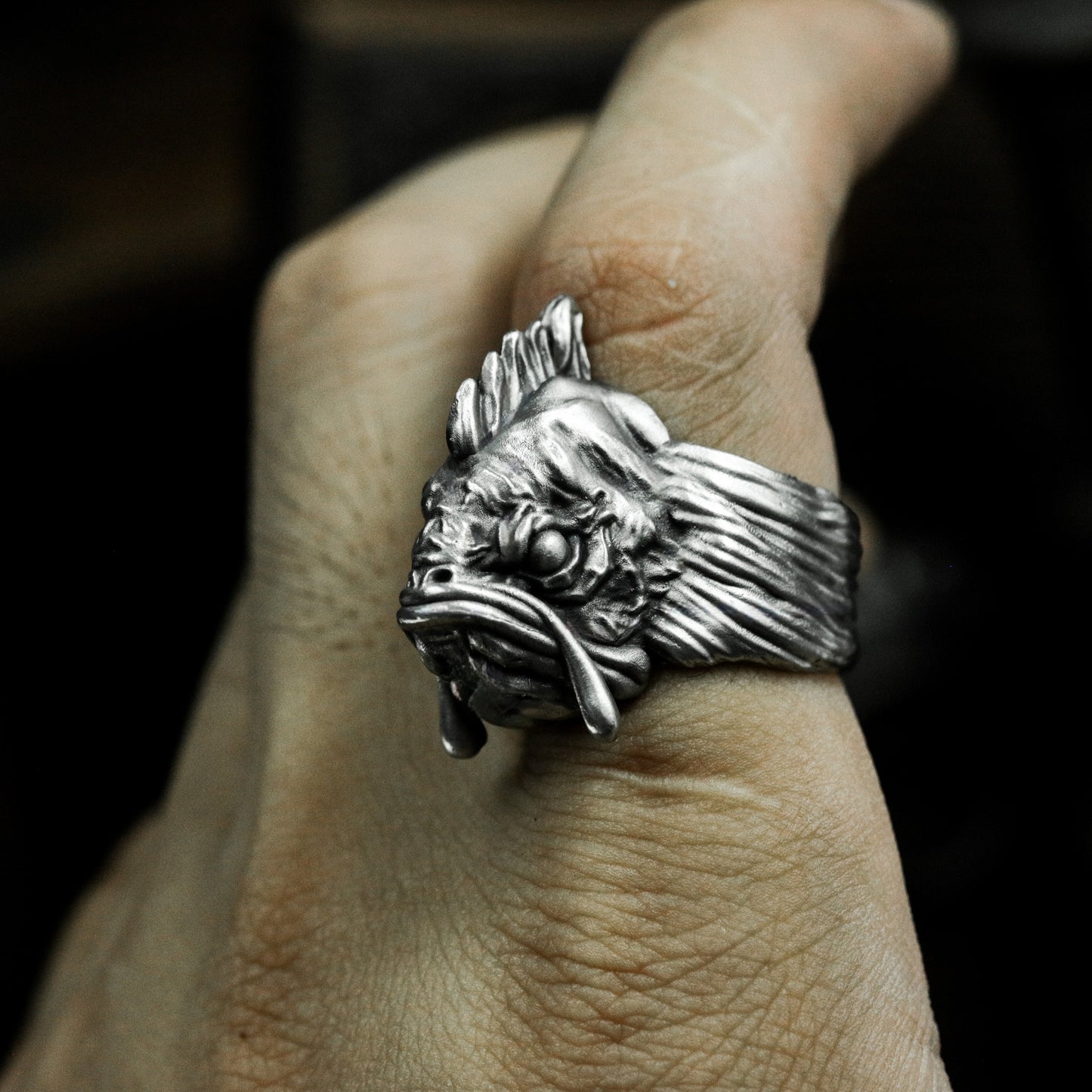 Grotesque Fish Face Ring with Textured Fins - 925 Sterling Silver Handmade