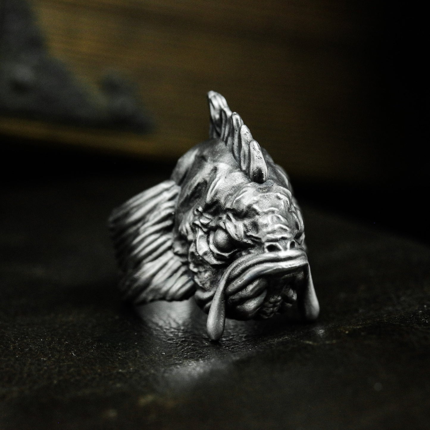 Grotesque Fish Face Ring with Textured Fins - 925 Sterling Silver Handmade