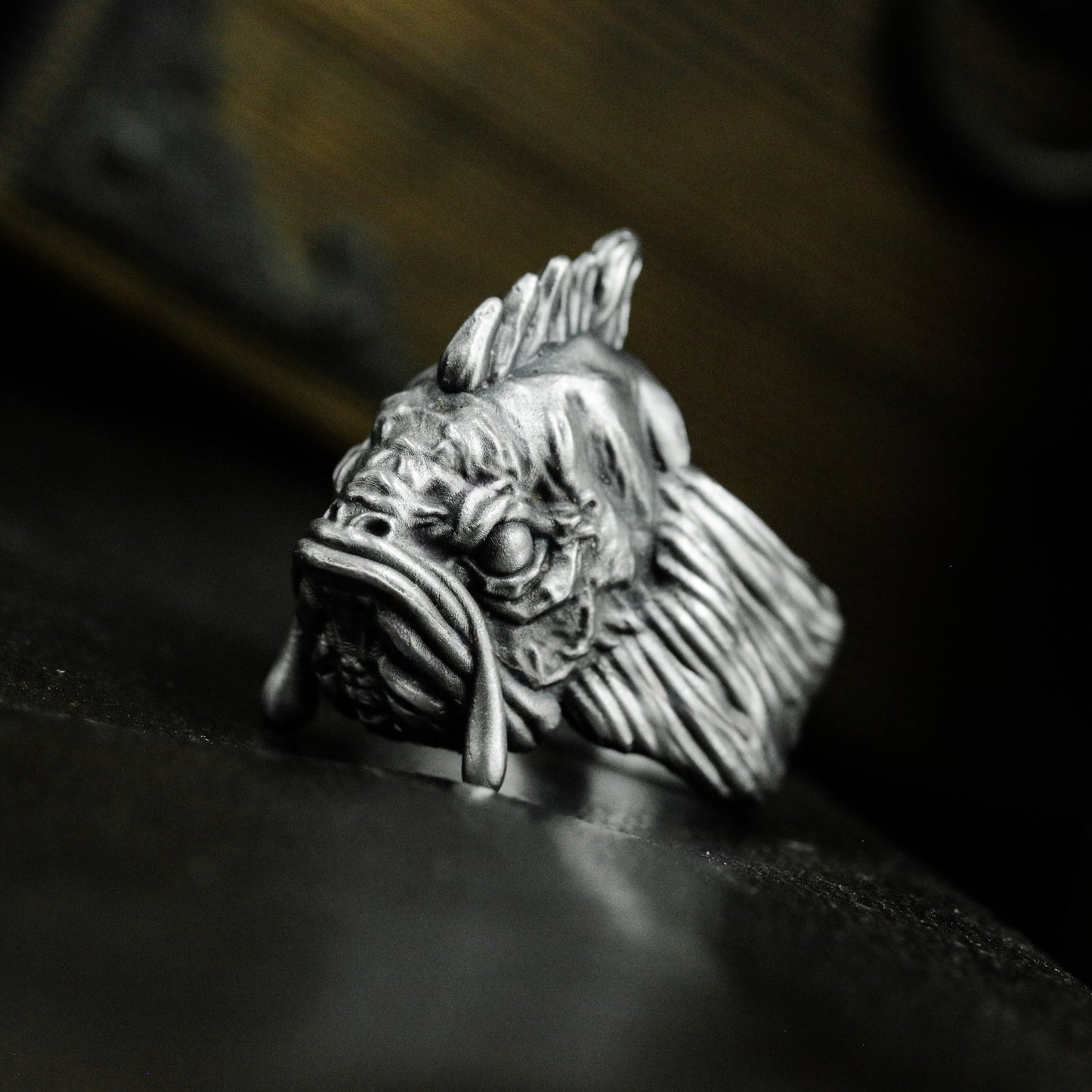 Grotesque Fish Face Ring with Textured Fins - 925 Sterling Silver Handmade