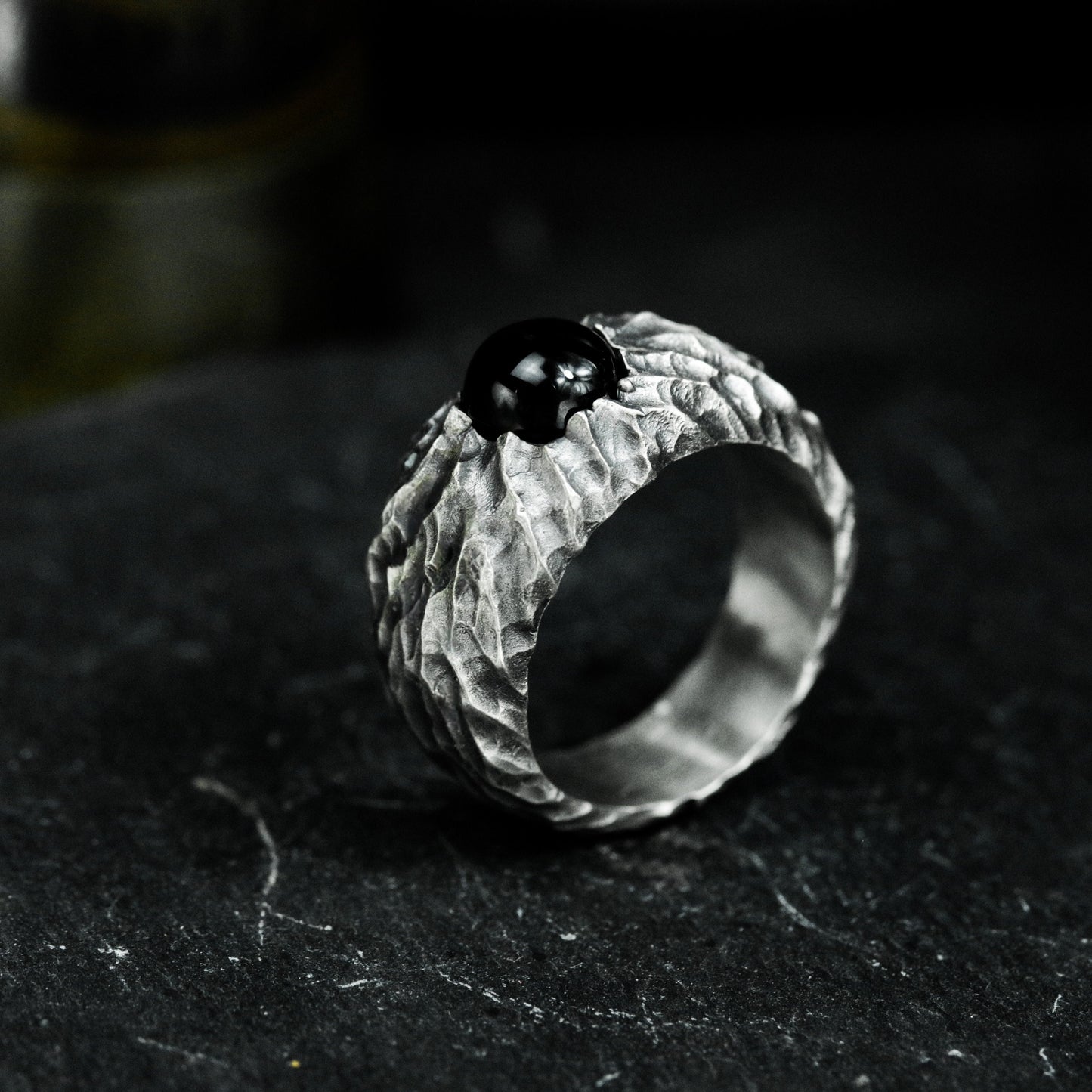 Black Agate Hammered Ring - 925 Silver Handmade