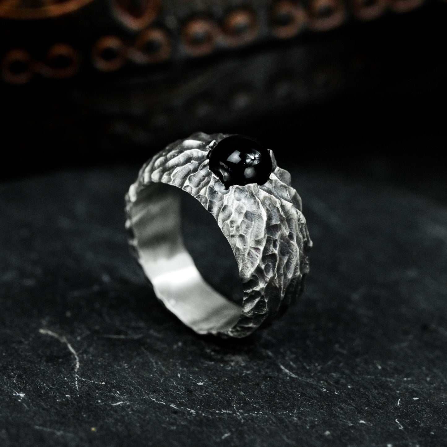 Black Agate Hammered Ring - 925 Silver Handmade