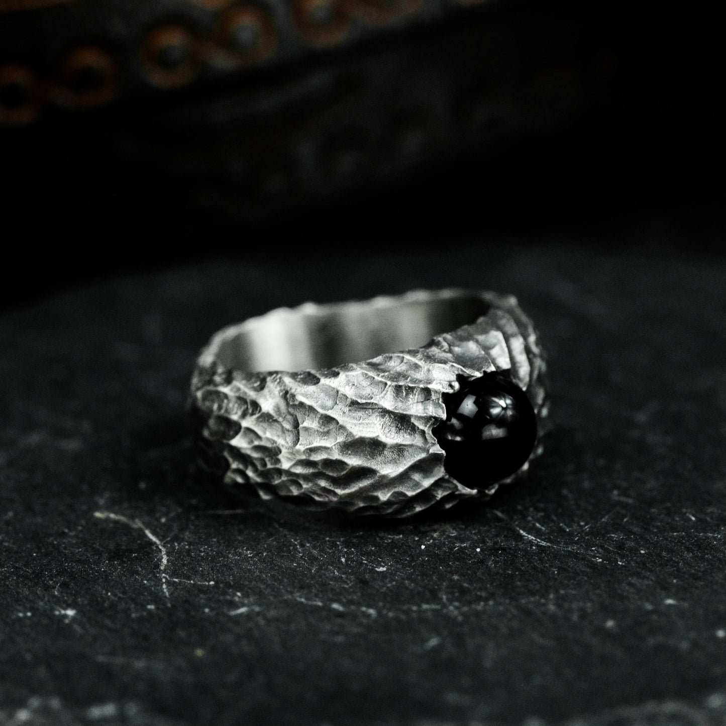 Black Agate Hammered Ring - 925 Silver Handmade