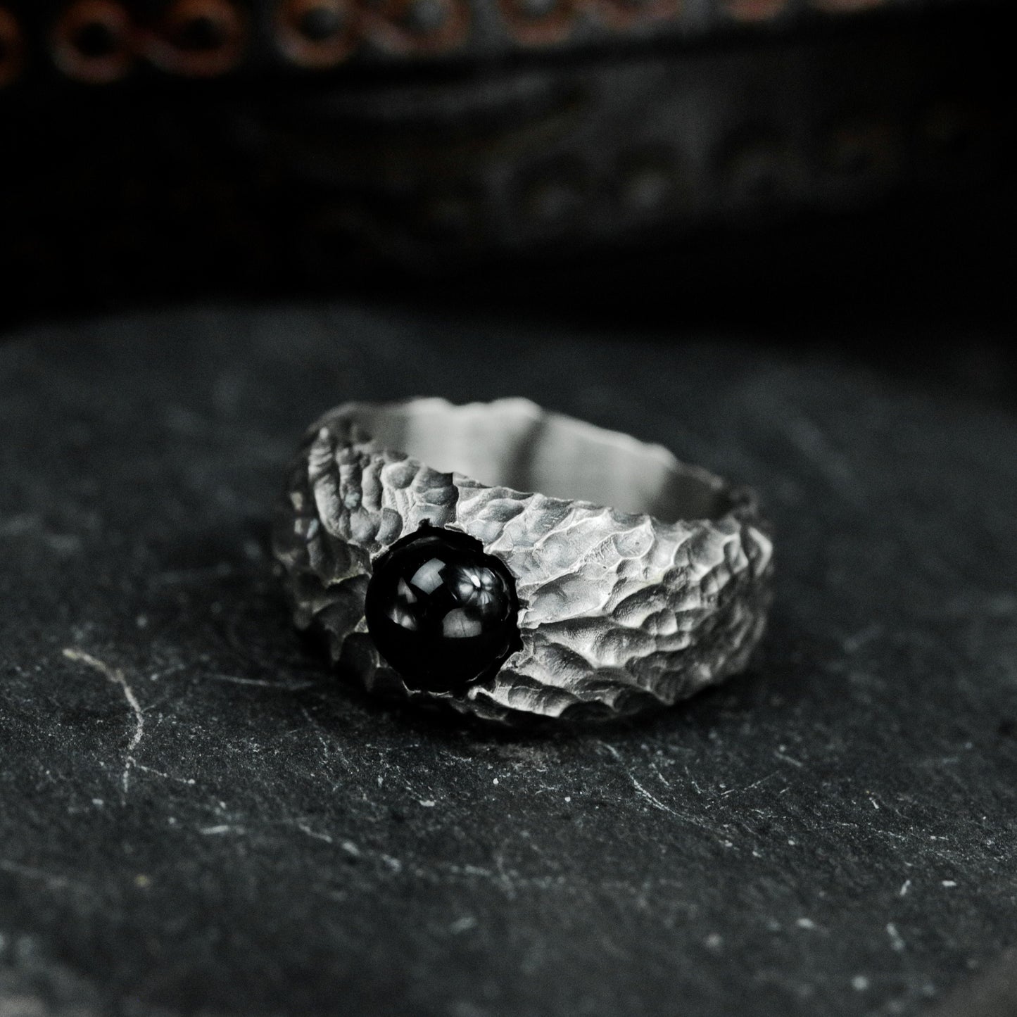 Black Agate Hammered Ring - 925 Silver Handmade