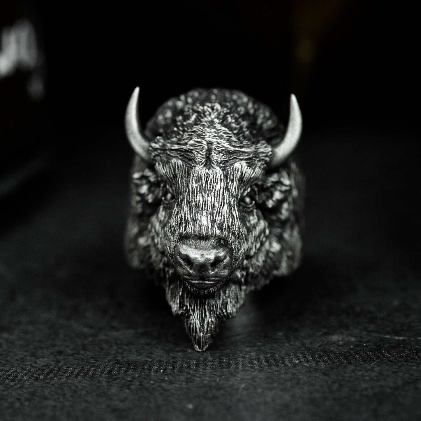 Bison Head Ring with Realistic Texture - 925 Sterling Silver Handmade