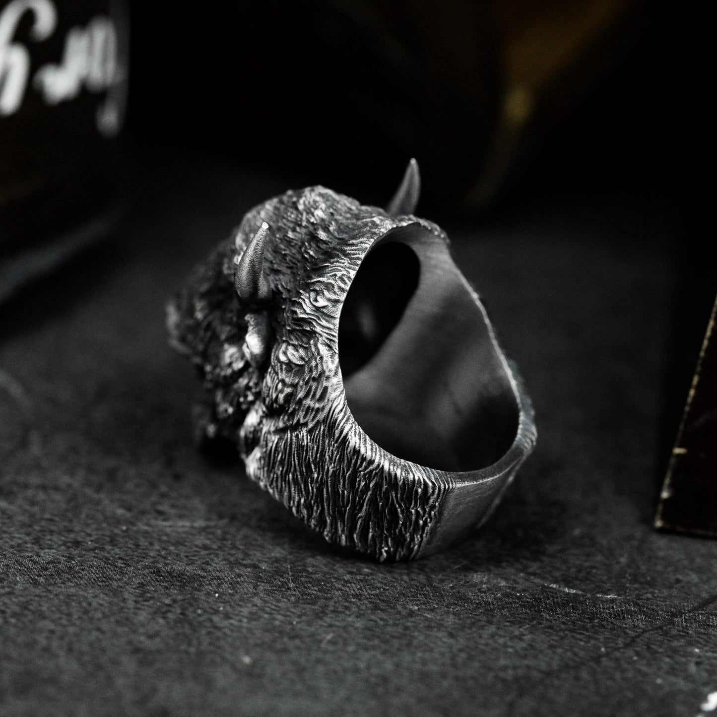 Bison Head Ring with Realistic Texture - 925 Sterling Silver Handmade