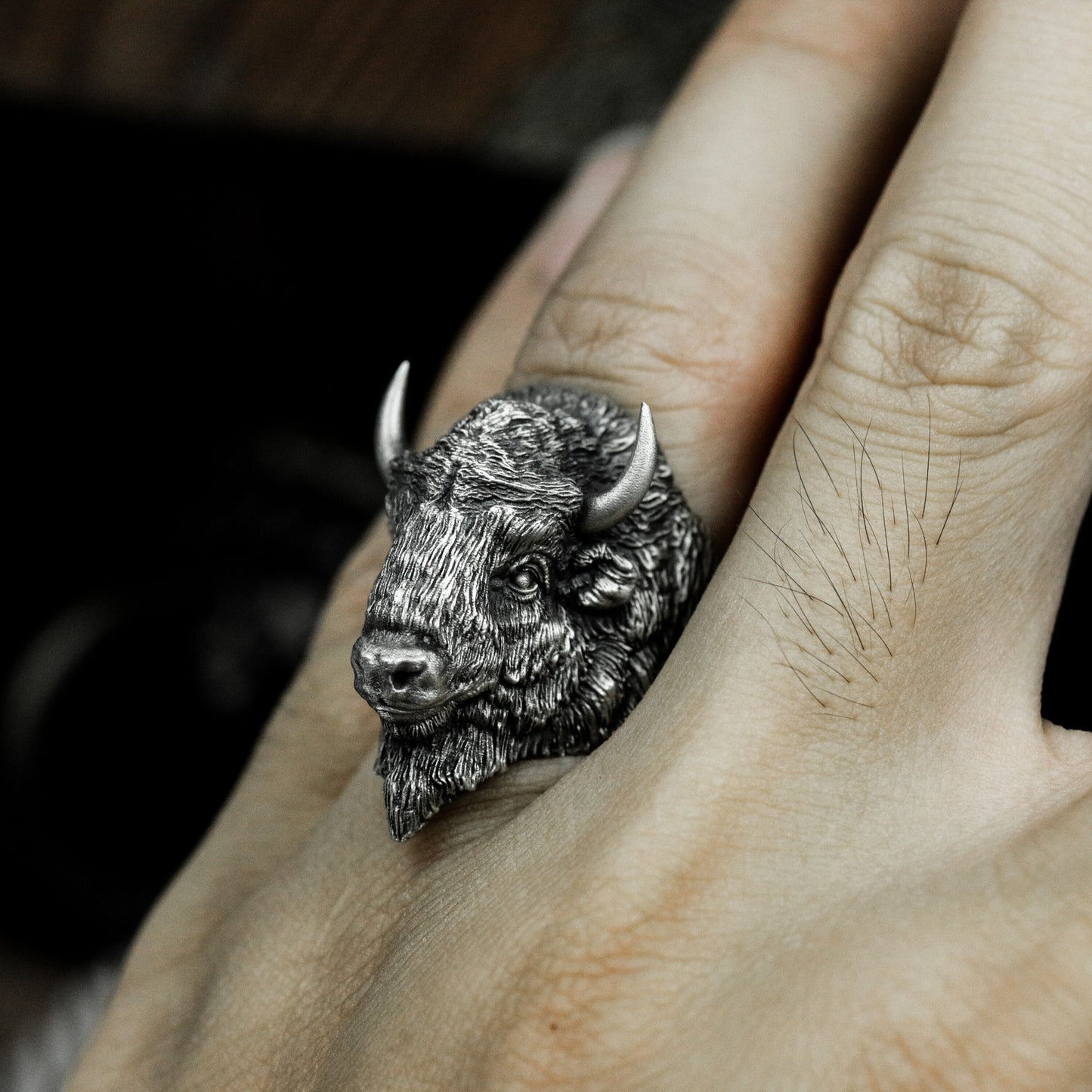 Bison Head Ring with Realistic Texture - 925 Sterling Silver Handmade