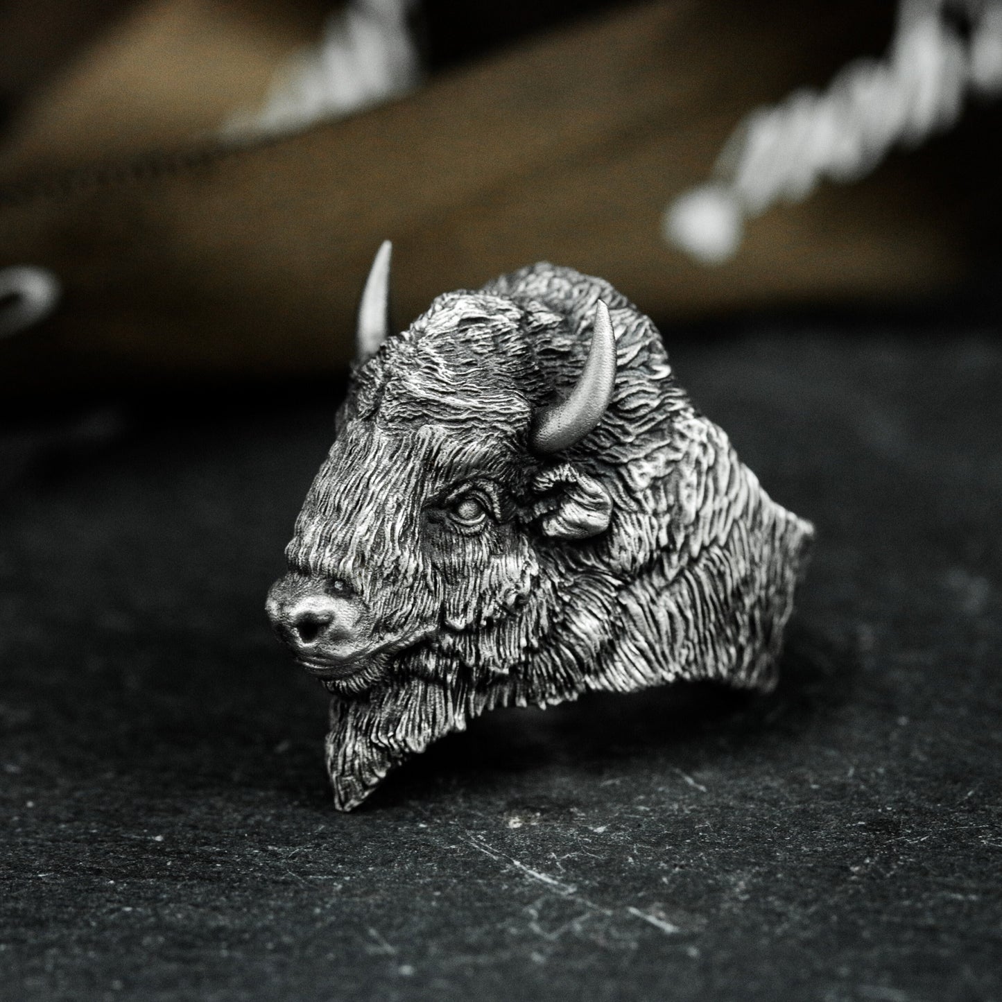 Bison Head Ring with Realistic Texture - 925 Sterling Silver Handmade