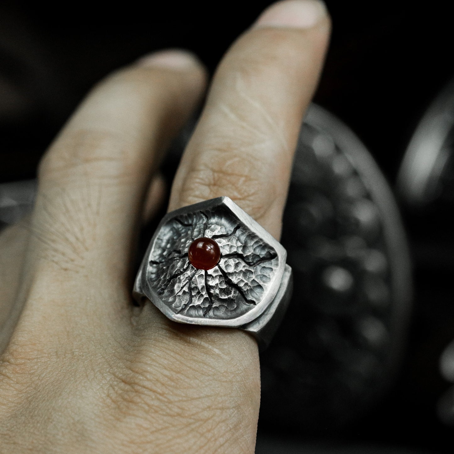 Volcanic Ruby Lava Ring - 925 Silver Handmade