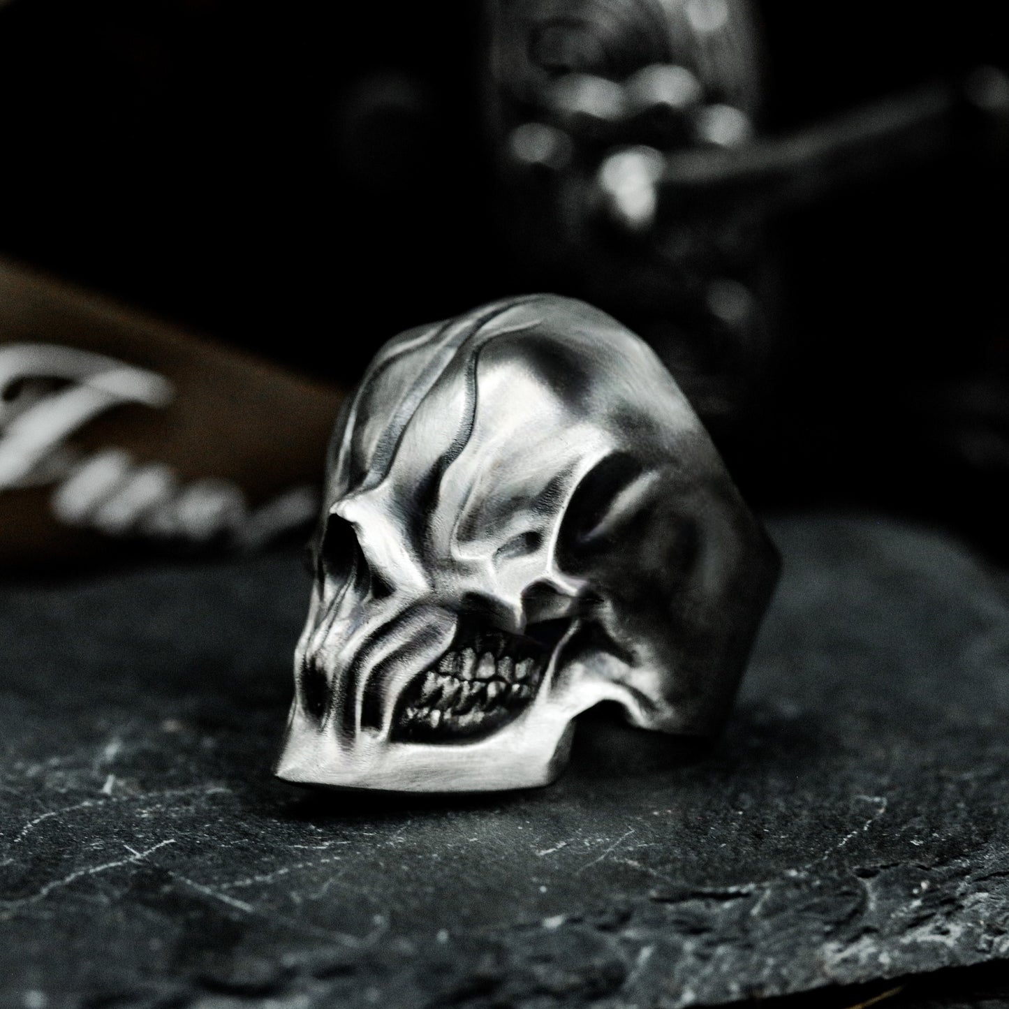 Carved Cyber Skull Ring - 925 Silver Handmade