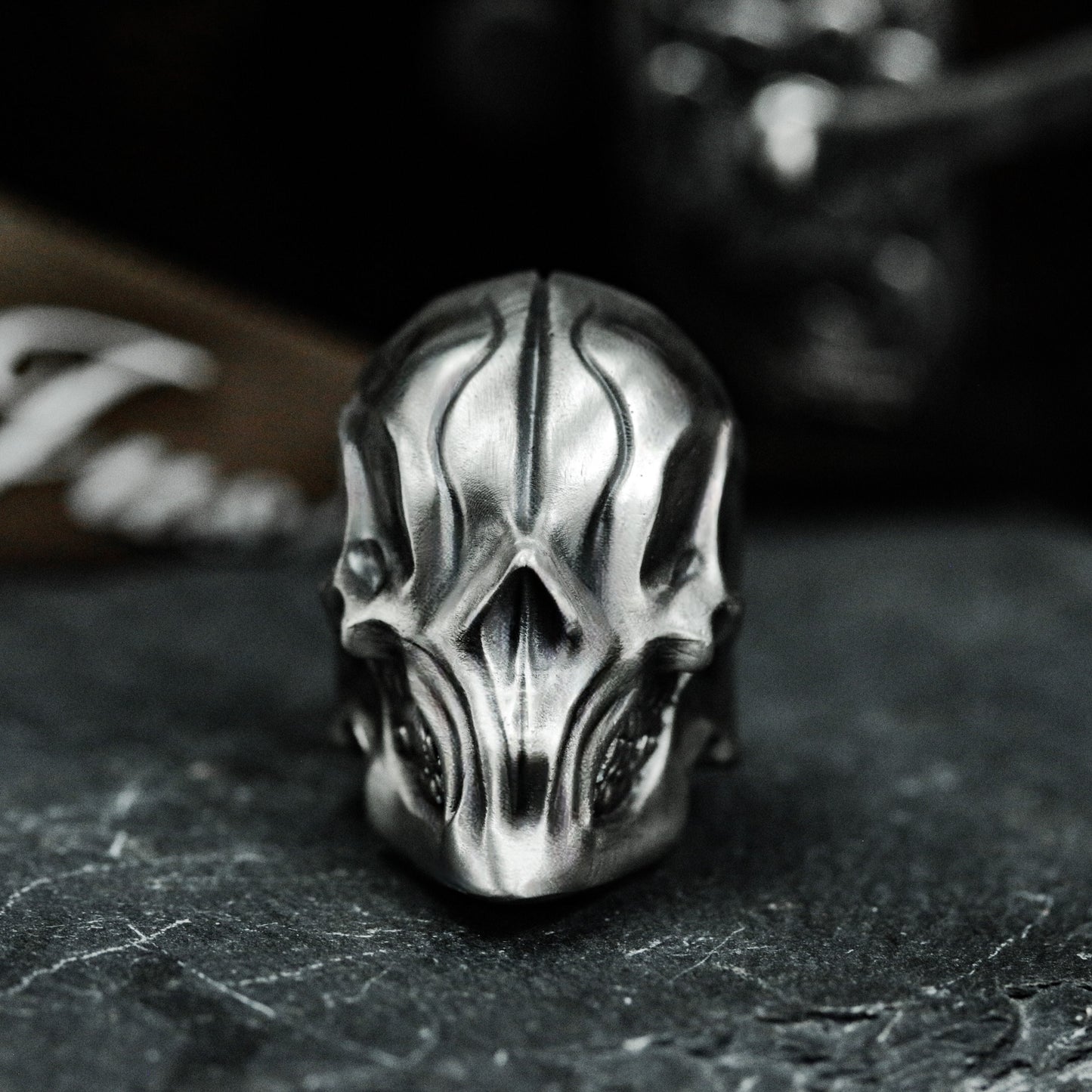Carved Cyber Skull Ring - 925 Silver Handmade