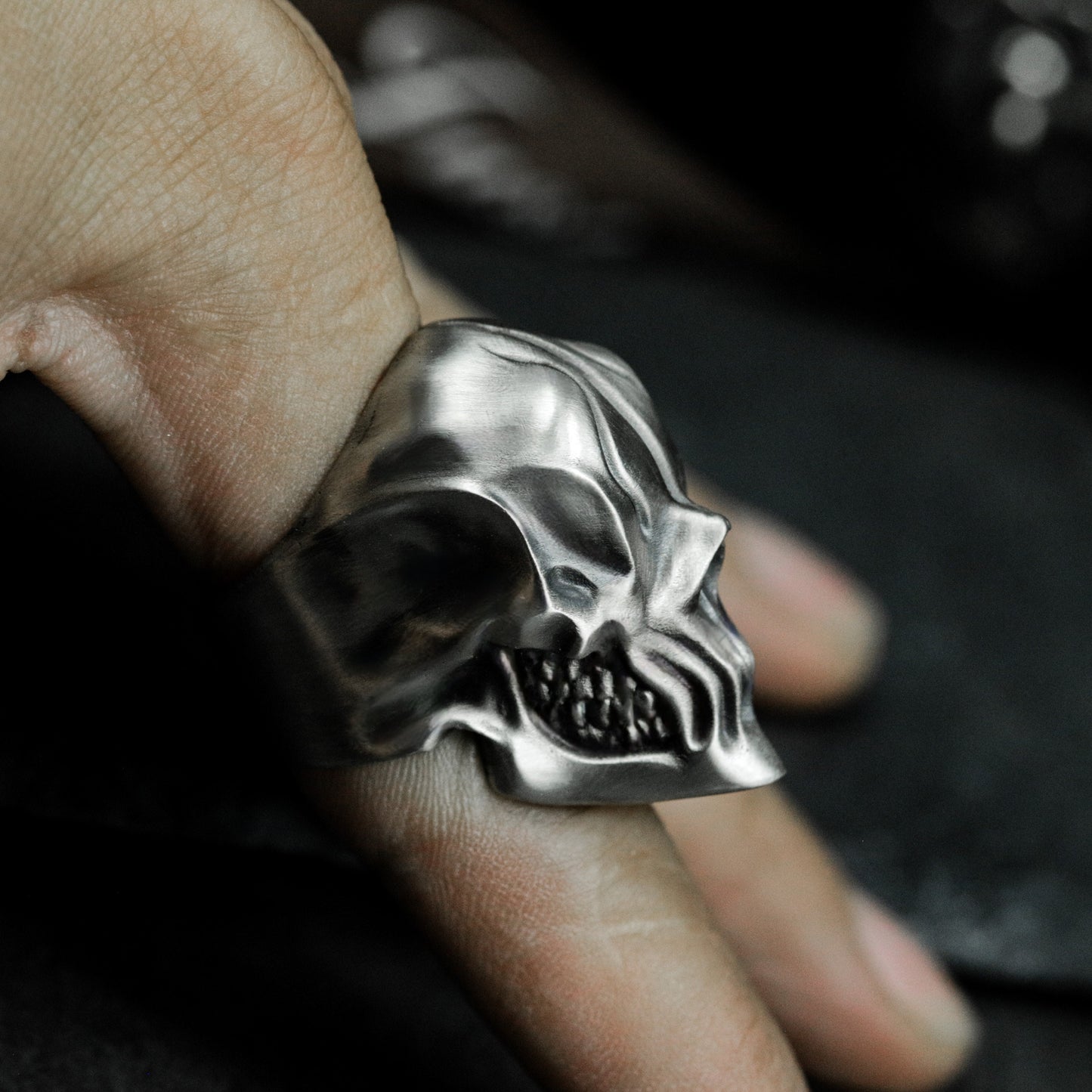 Carved Cyber Skull Ring - 925 Silver Handmade