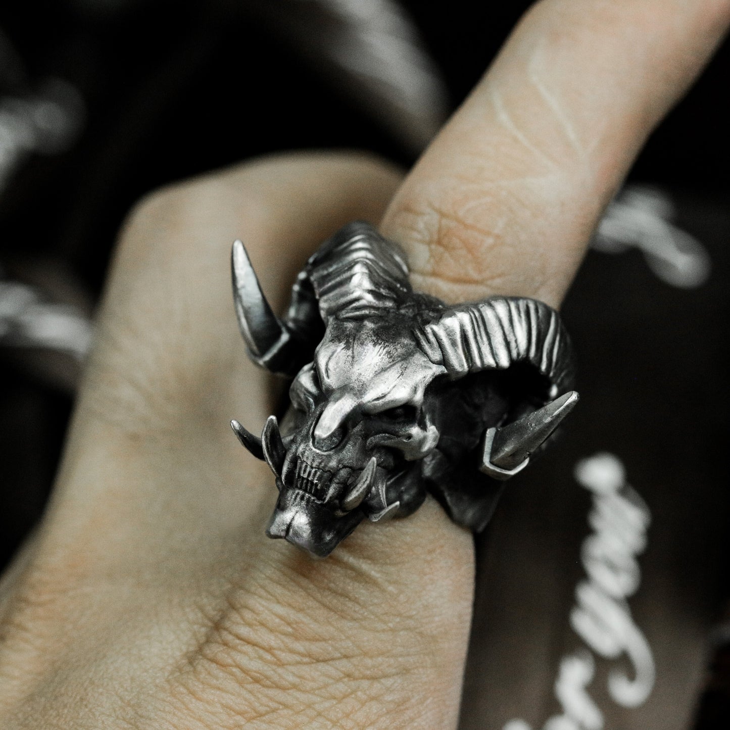 Double-Horned Demon Skull Ring ¨C 925 Sterling Silver Handmade
