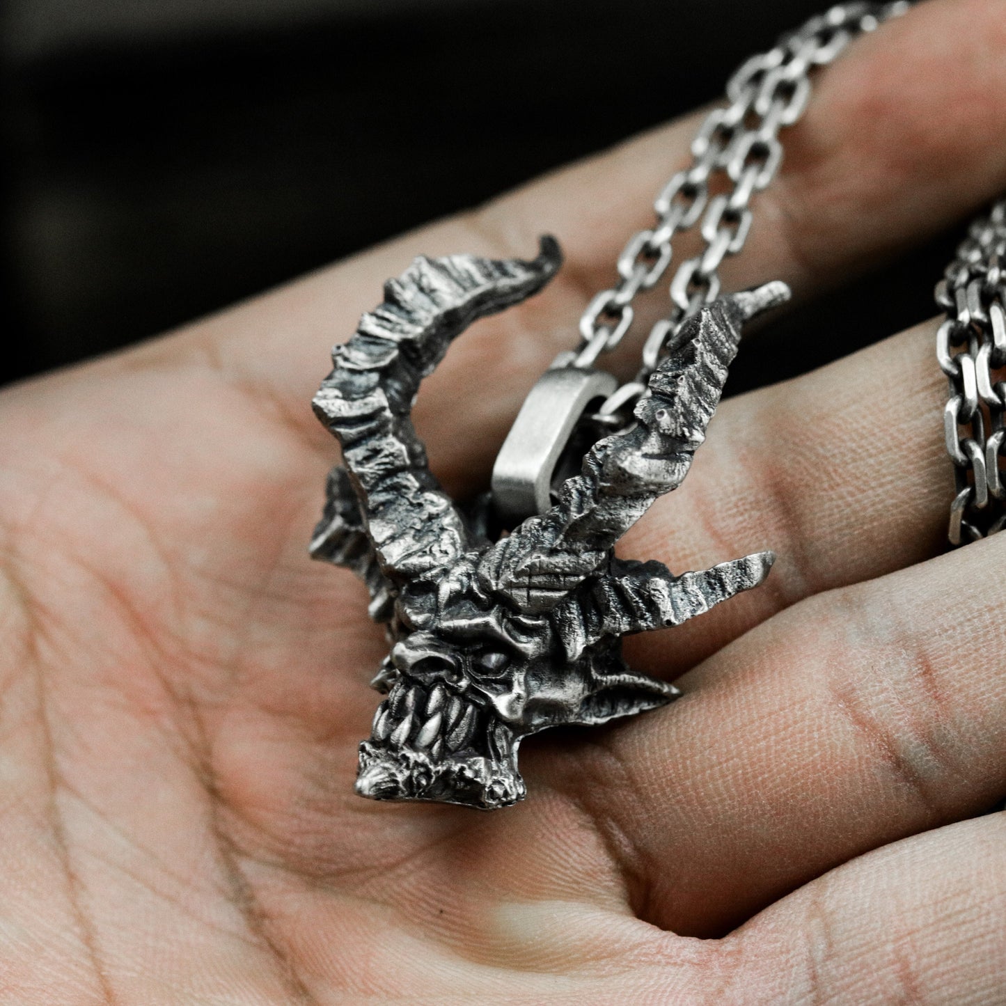 Horned Skull Pendant ¨C Handmade 925 Silver Demon Necklace