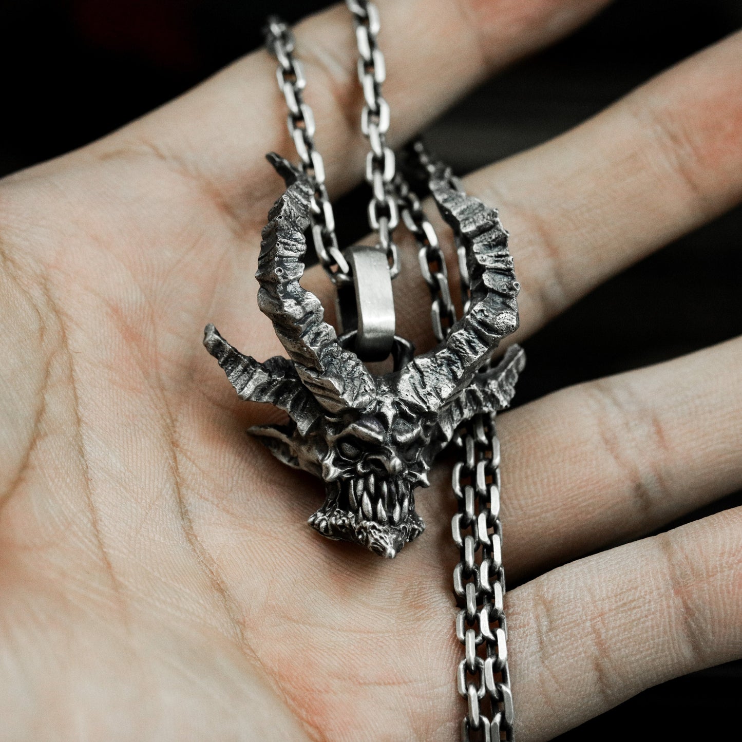 Horned Skull Pendant ¨C Handmade 925 Silver Demon Necklace