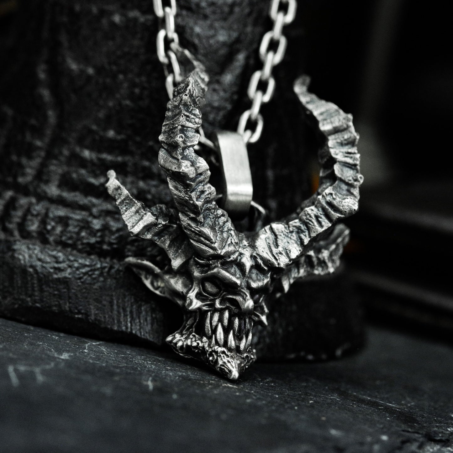 Horned Skull Pendant ¨C Handmade 925 Silver Demon Necklace