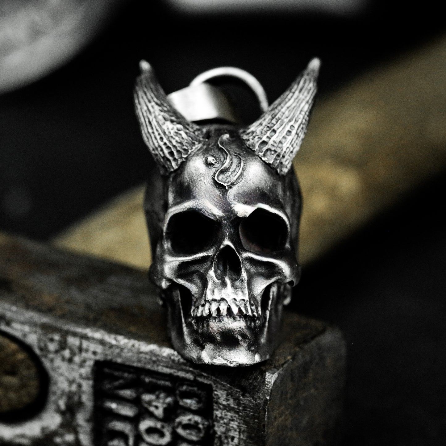 Hanging Demon Skull Pendant with Chain Suspension ¨C 925 Sterling Silver Handmade