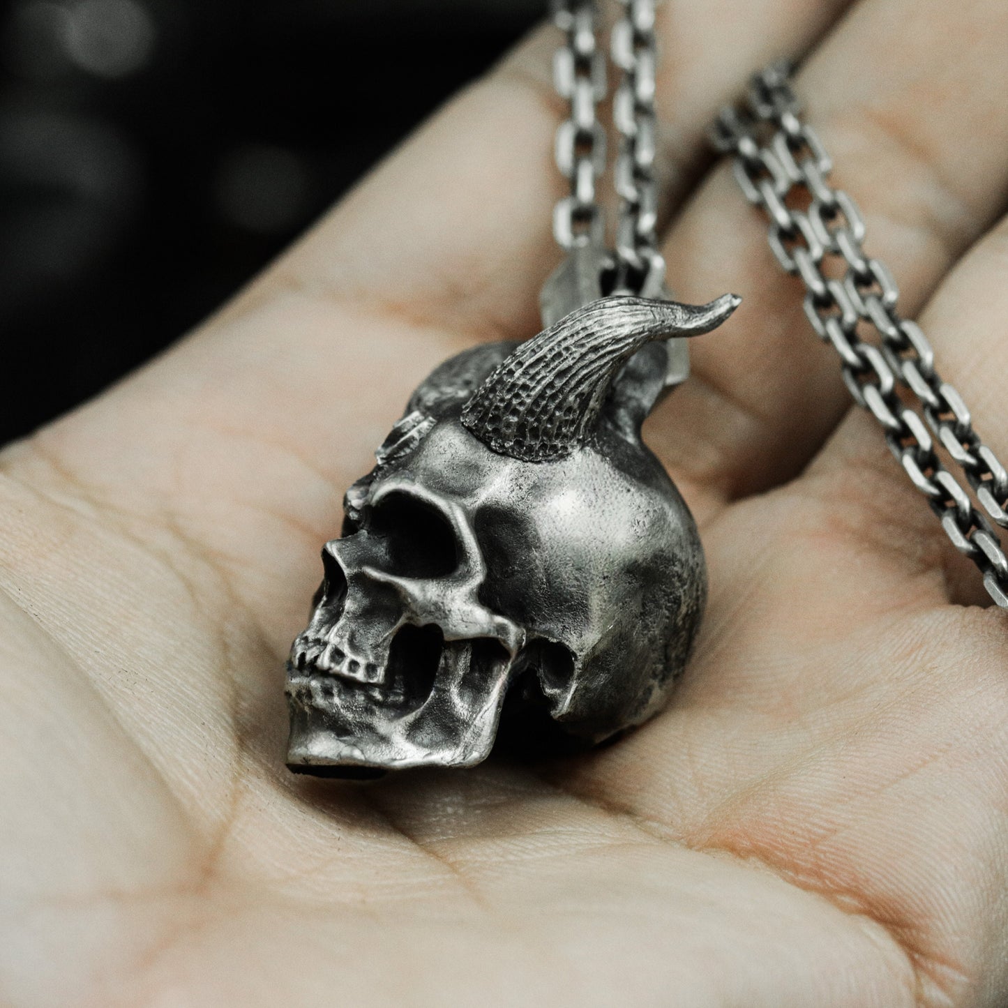 Hanging Demon Skull Pendant with Chain Suspension ¨C 925 Sterling Silver Handmade