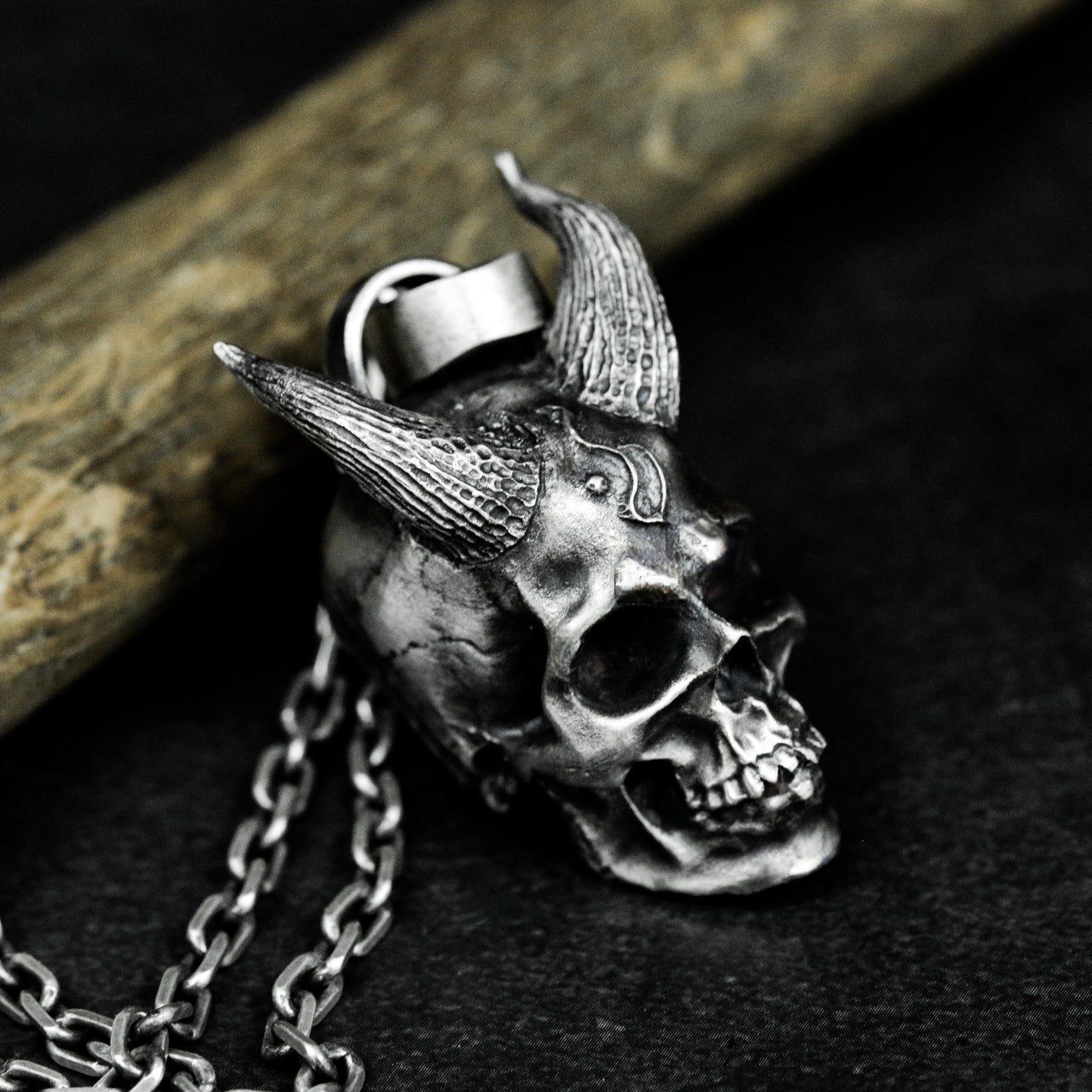 Hanging Demon Skull Pendant with Chain Suspension ¨C 925 Sterling Silver Handmade