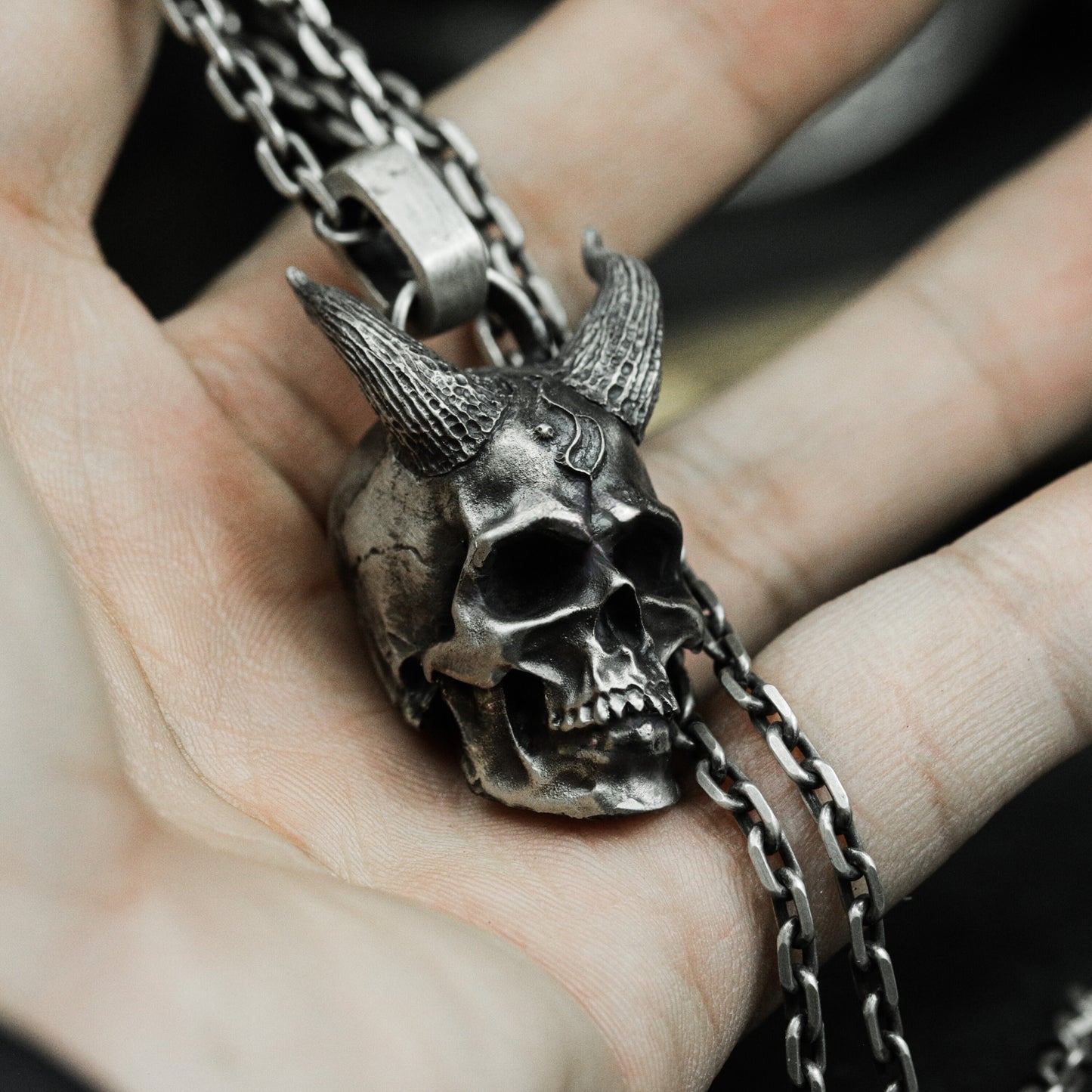 Hanging Demon Skull Pendant with Chain Suspension ¨C 925 Sterling Silver Handmade