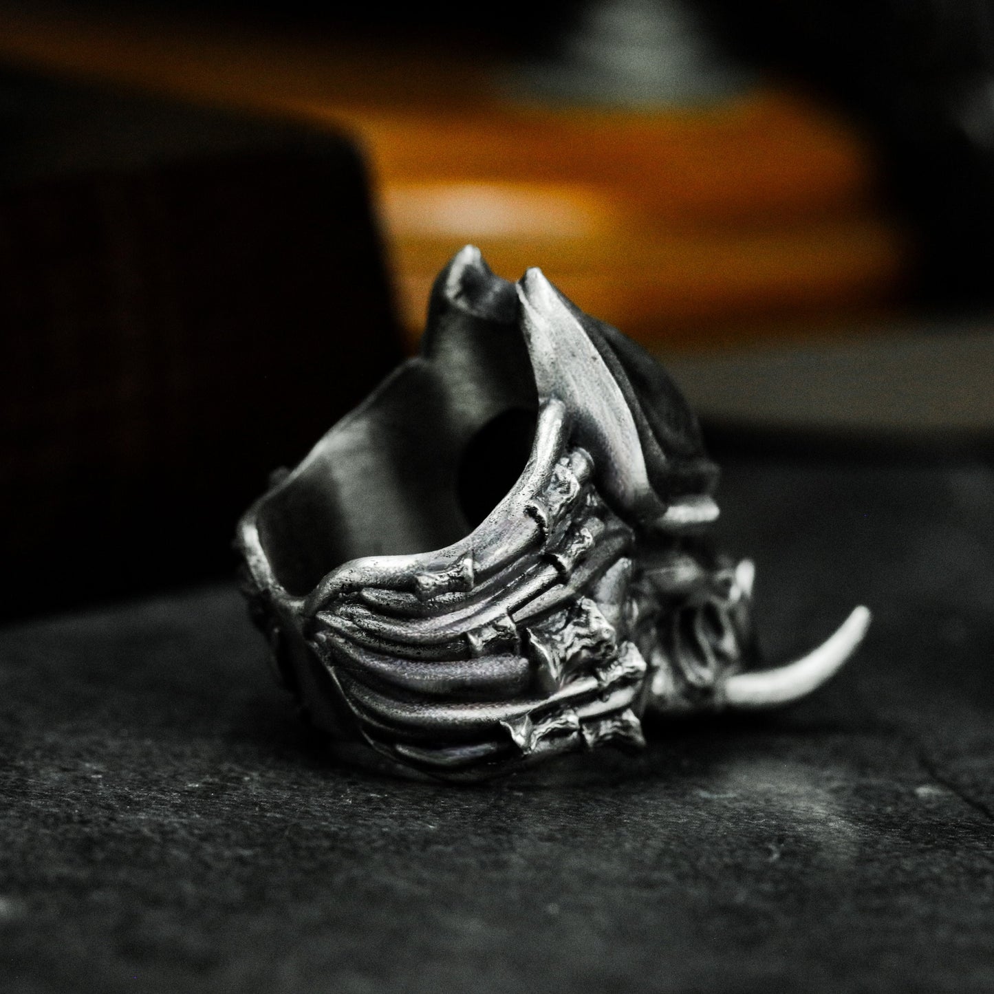 Alien Skull Ring with Spine Detail - 925 Sterling Silver Handmade
