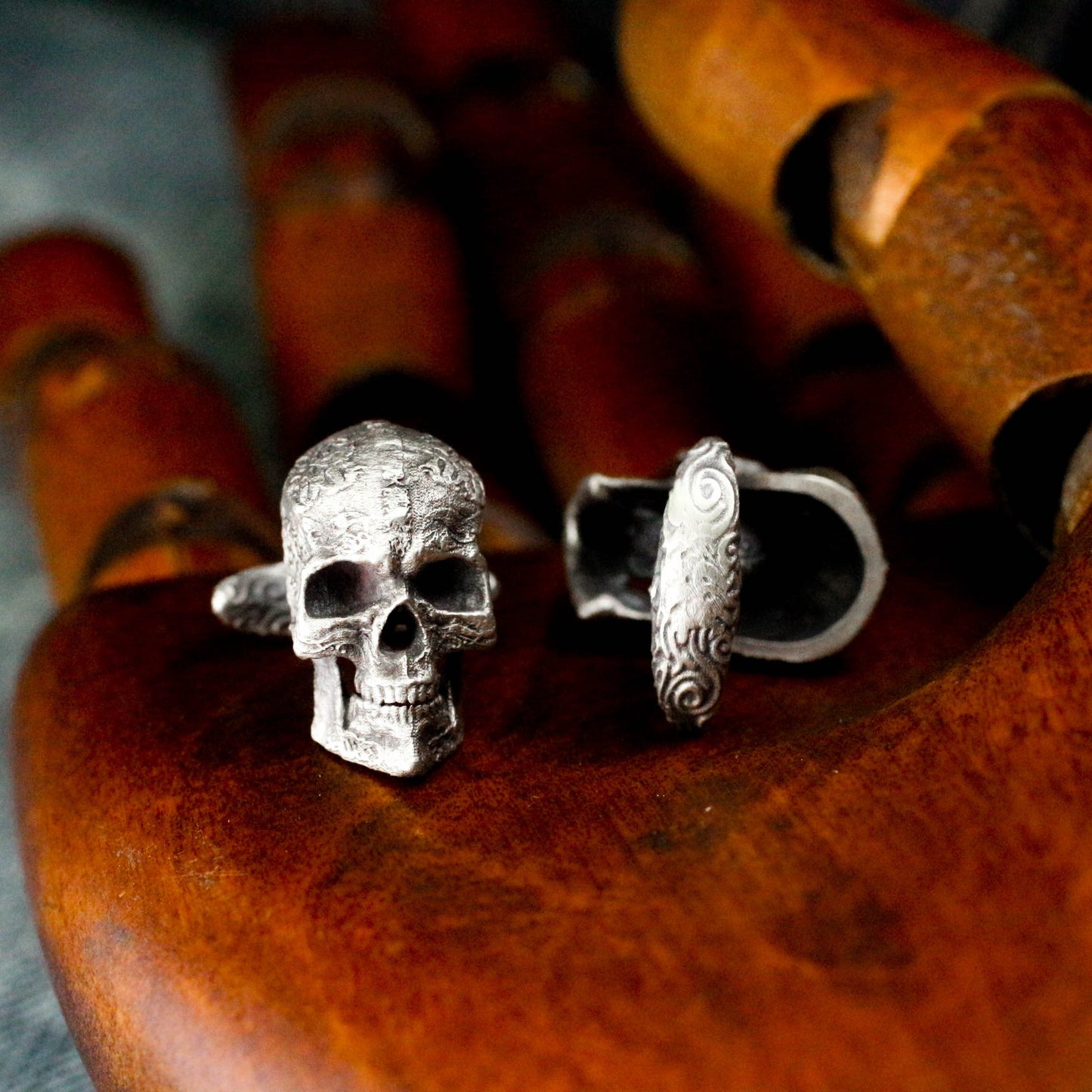 Totem Texture Skull Cufflinks - 925 Sterling Silver Handmade