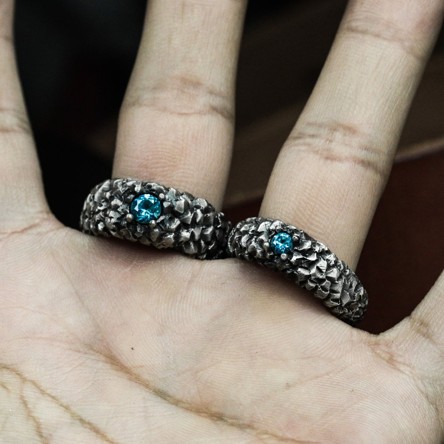 Dragon Scale Couple Rings with Blue Gemstones - 925 Sterling Silver Handmade