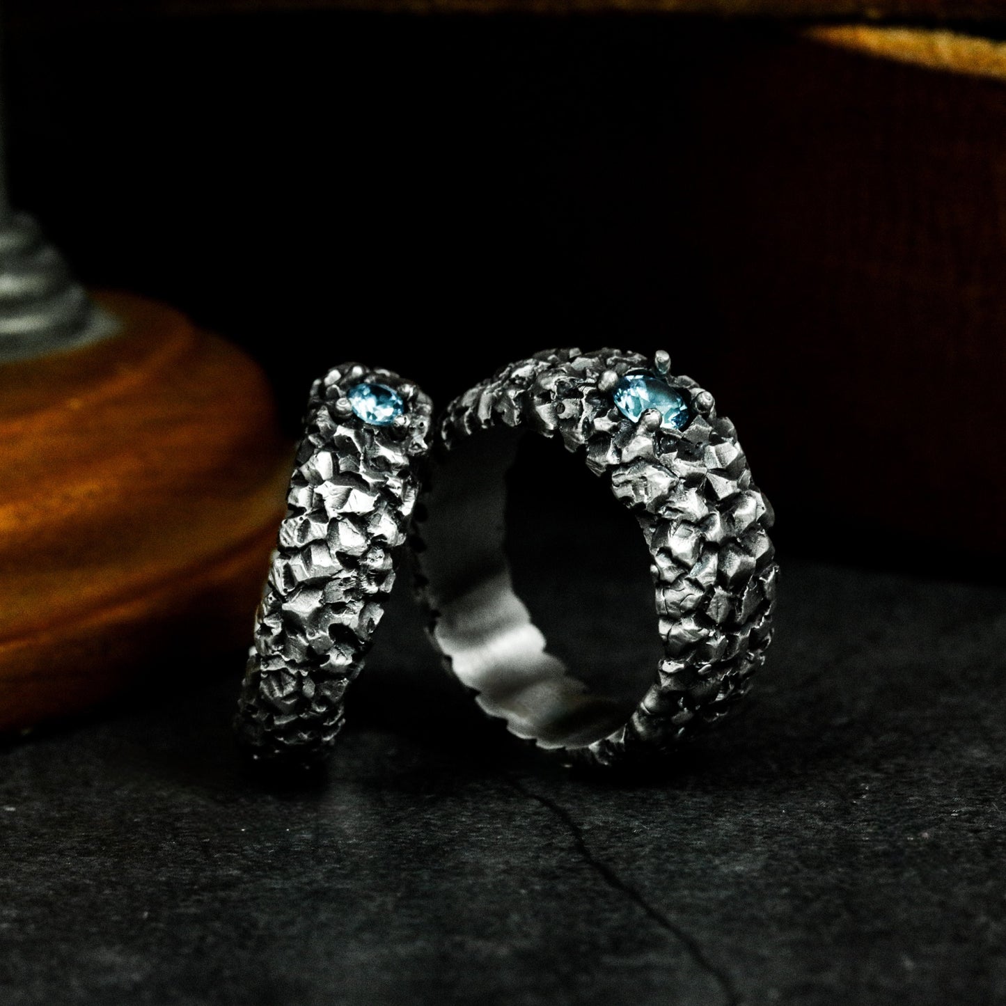 Dragon Scale Couple Rings with Blue Gemstones - 925 Sterling Silver Handmade