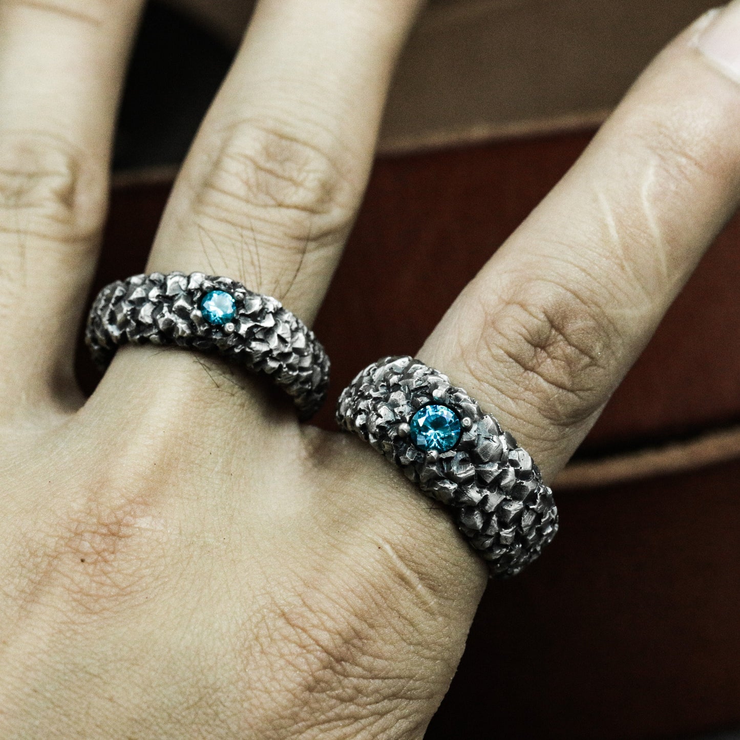 Dragon Scale Couple Rings with Blue Gemstones - 925 Sterling Silver Handmade