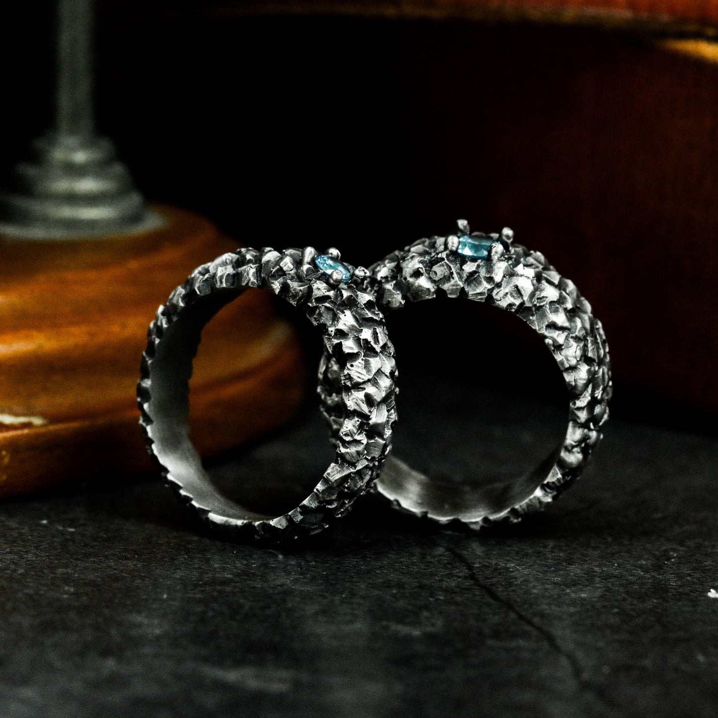 Dragon Scale Couple Rings with Blue Gemstones - 925 Sterling Silver Handmade