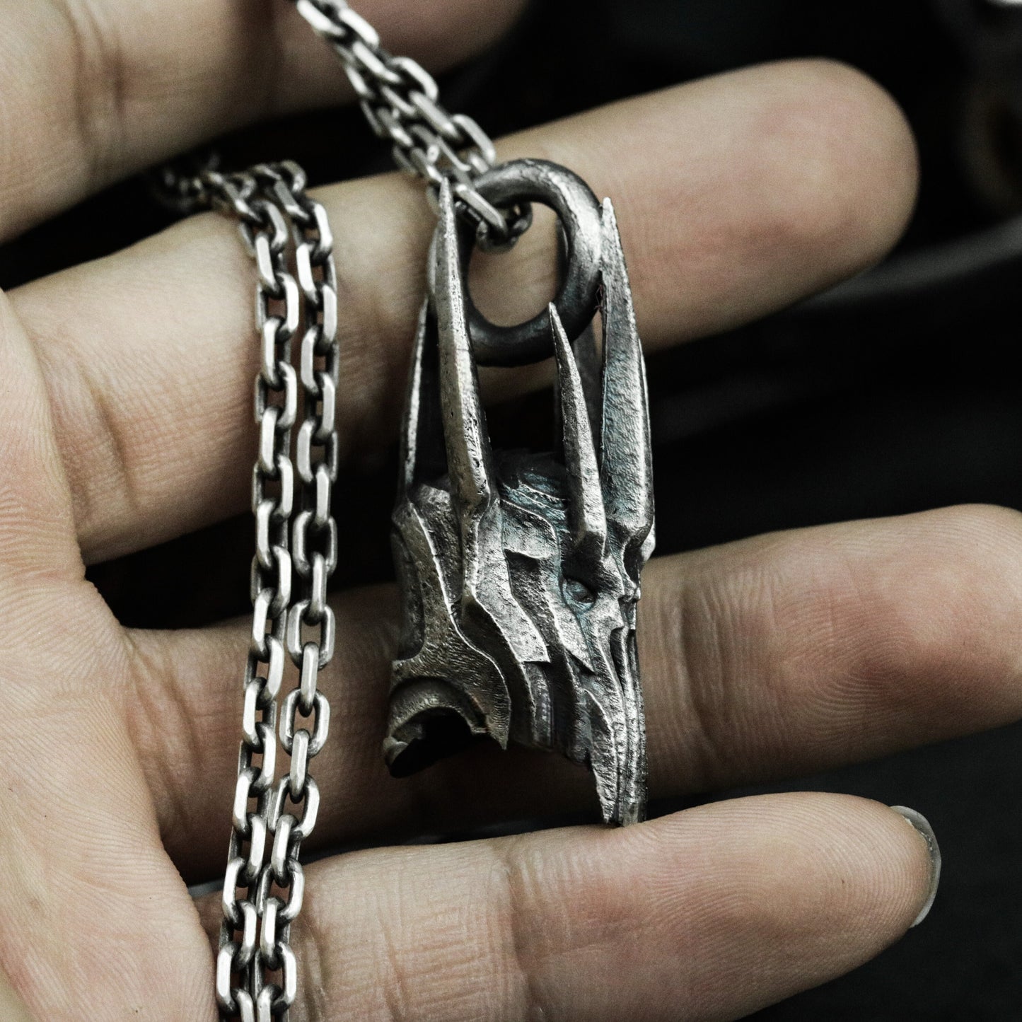 Cyber Horned Skull Pendant with Sharp Crest - 925 Sterling Silver Handmade