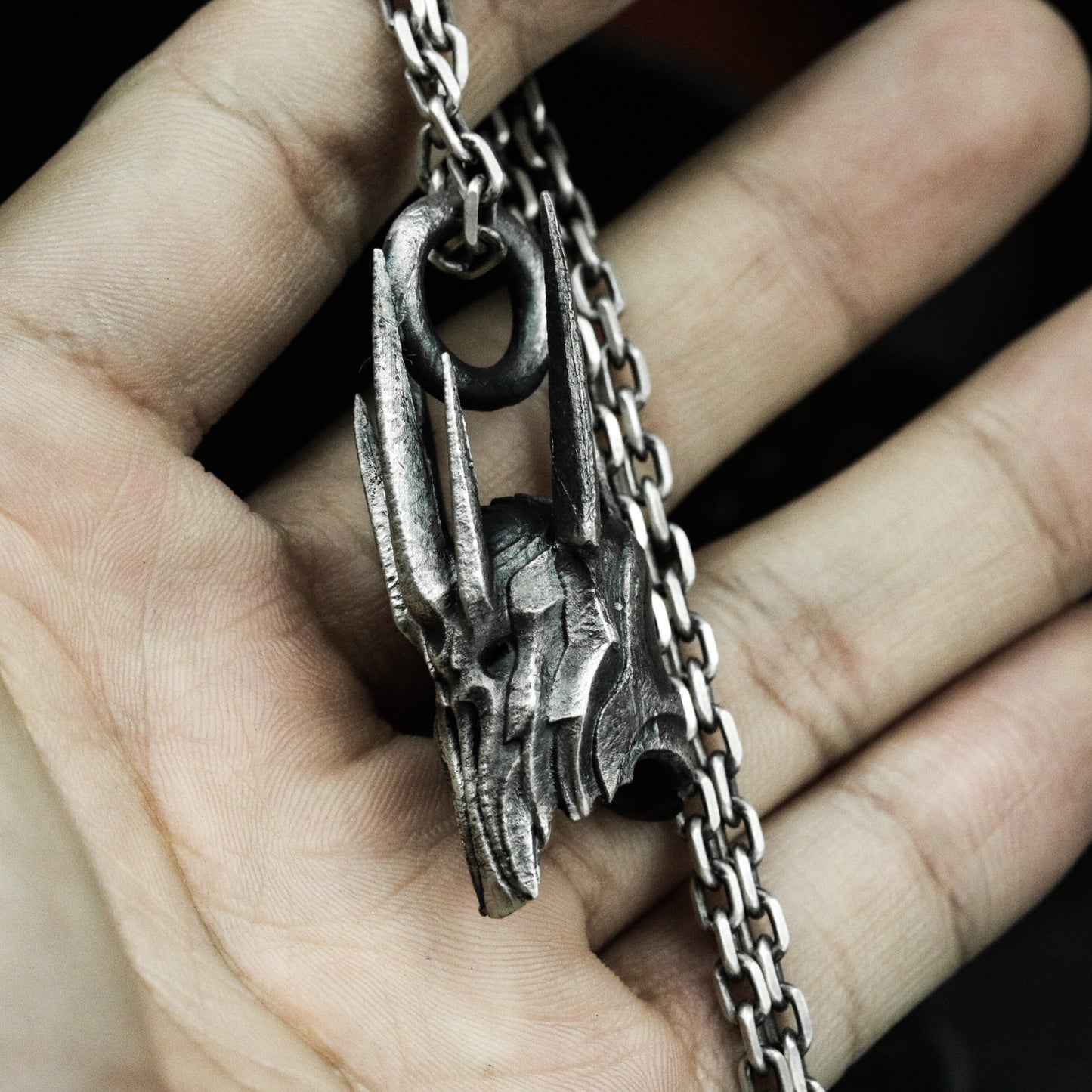 Cyber Horned Skull Pendant with Sharp Crest - 925 Sterling Silver Handmade