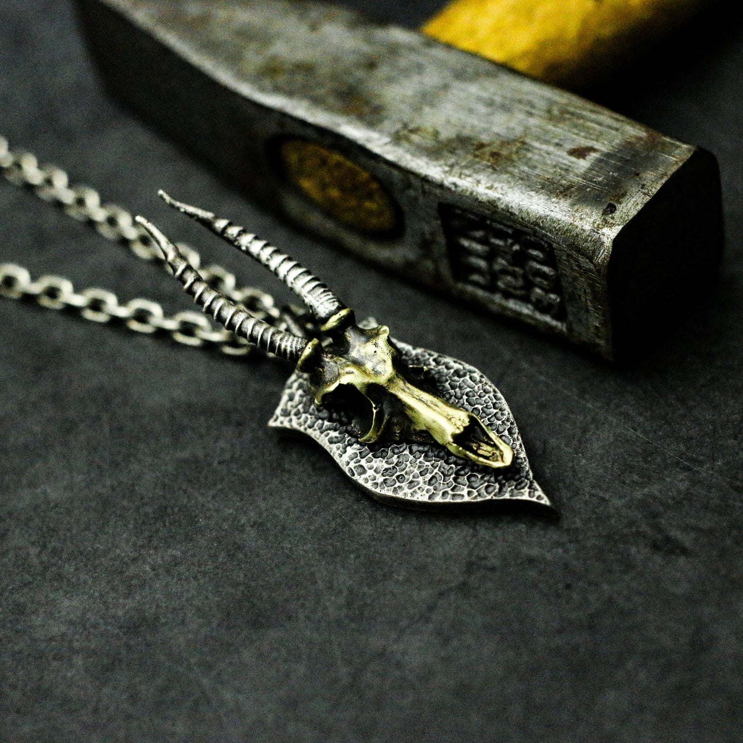 Ram Skull Shield Pendant with Golden Accent - 925 Sterling Silver Handmade