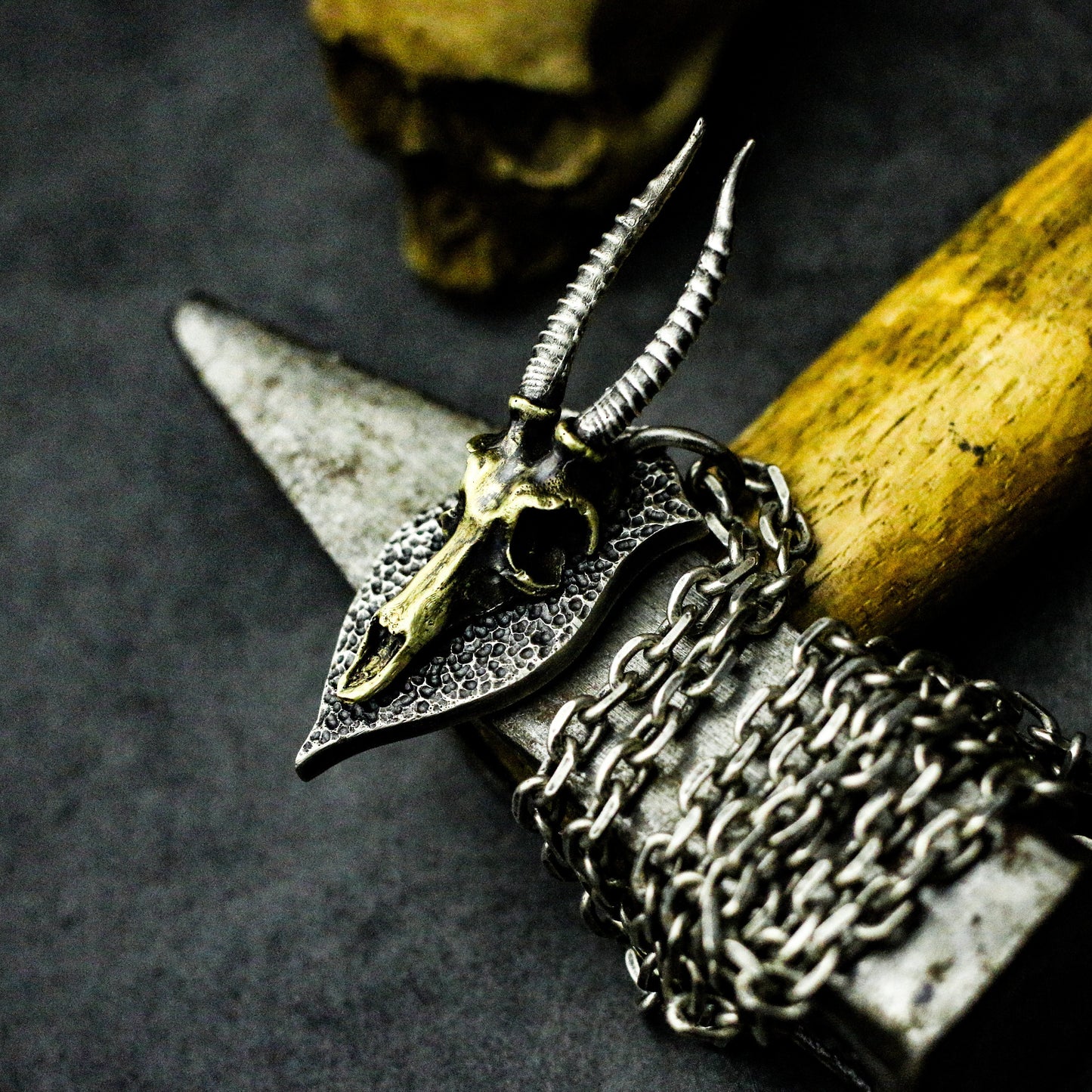 Ram Skull Shield Pendant with Golden Accent - 925 Sterling Silver Handmade