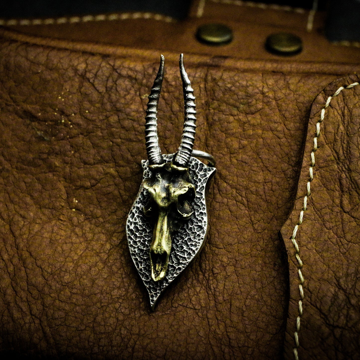 Ram Skull Shield Pendant with Golden Accent - 925 Sterling Silver Handmade