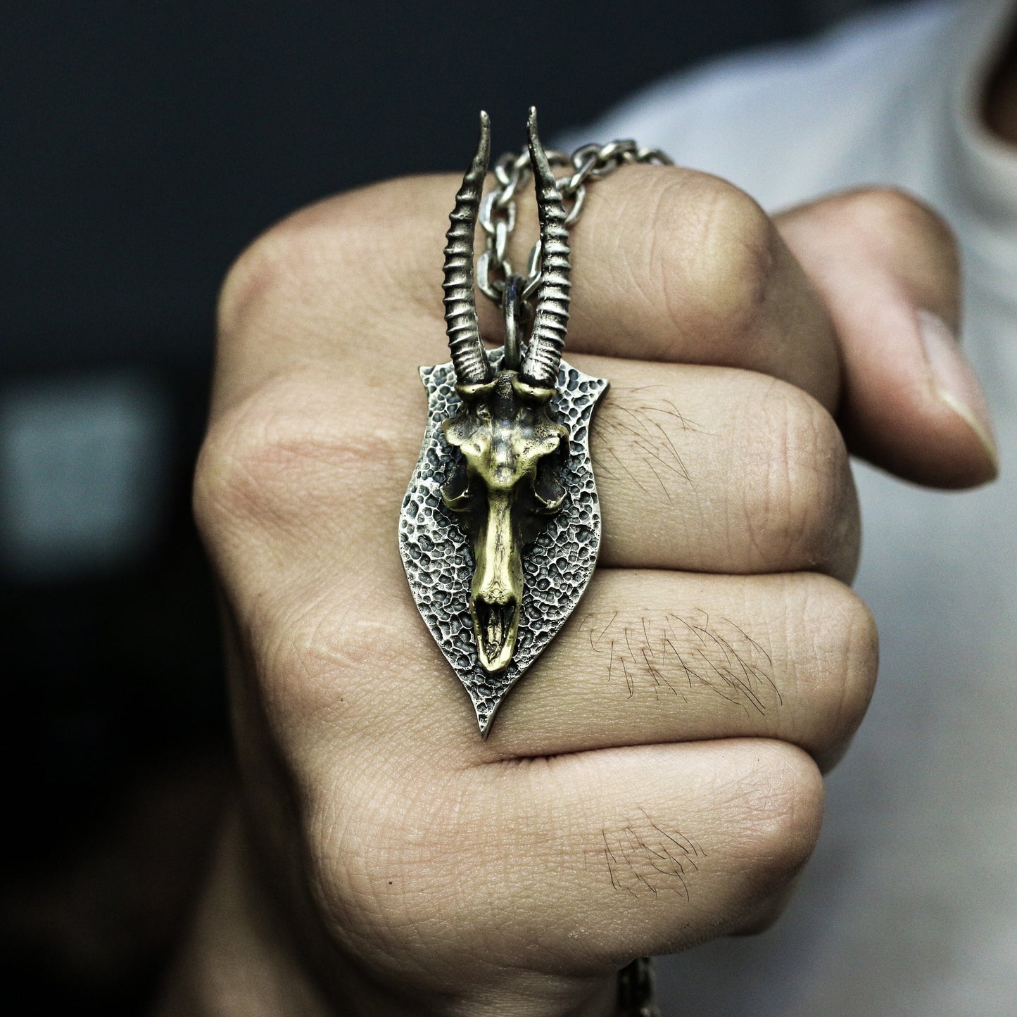 Ram Skull Shield Pendant with Golden Accent - 925 Sterling Silver Handmade