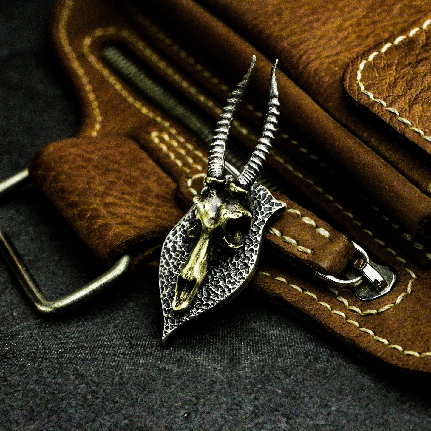 Ram Skull Shield Pendant with Golden Accent - 925 Sterling Silver Handmade