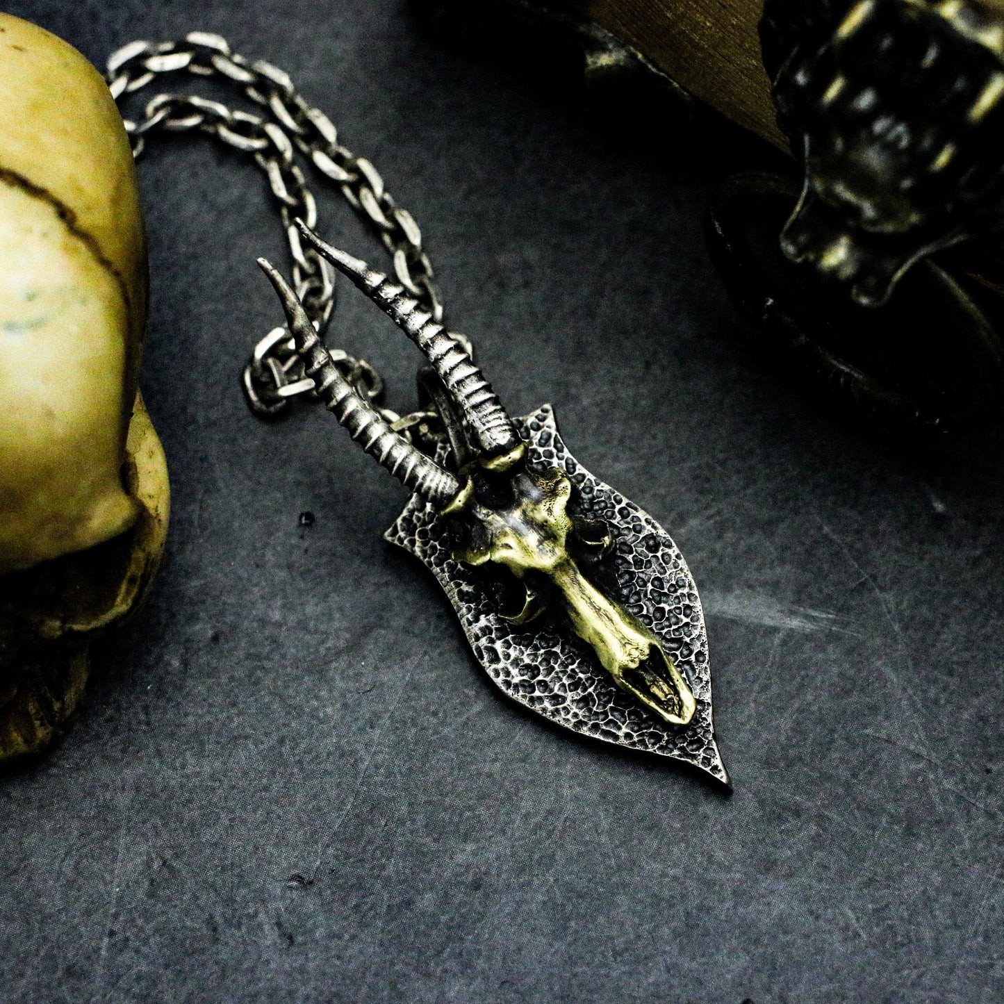 Ram Skull Shield Pendant with Golden Accent - 925 Sterling Silver Handmade