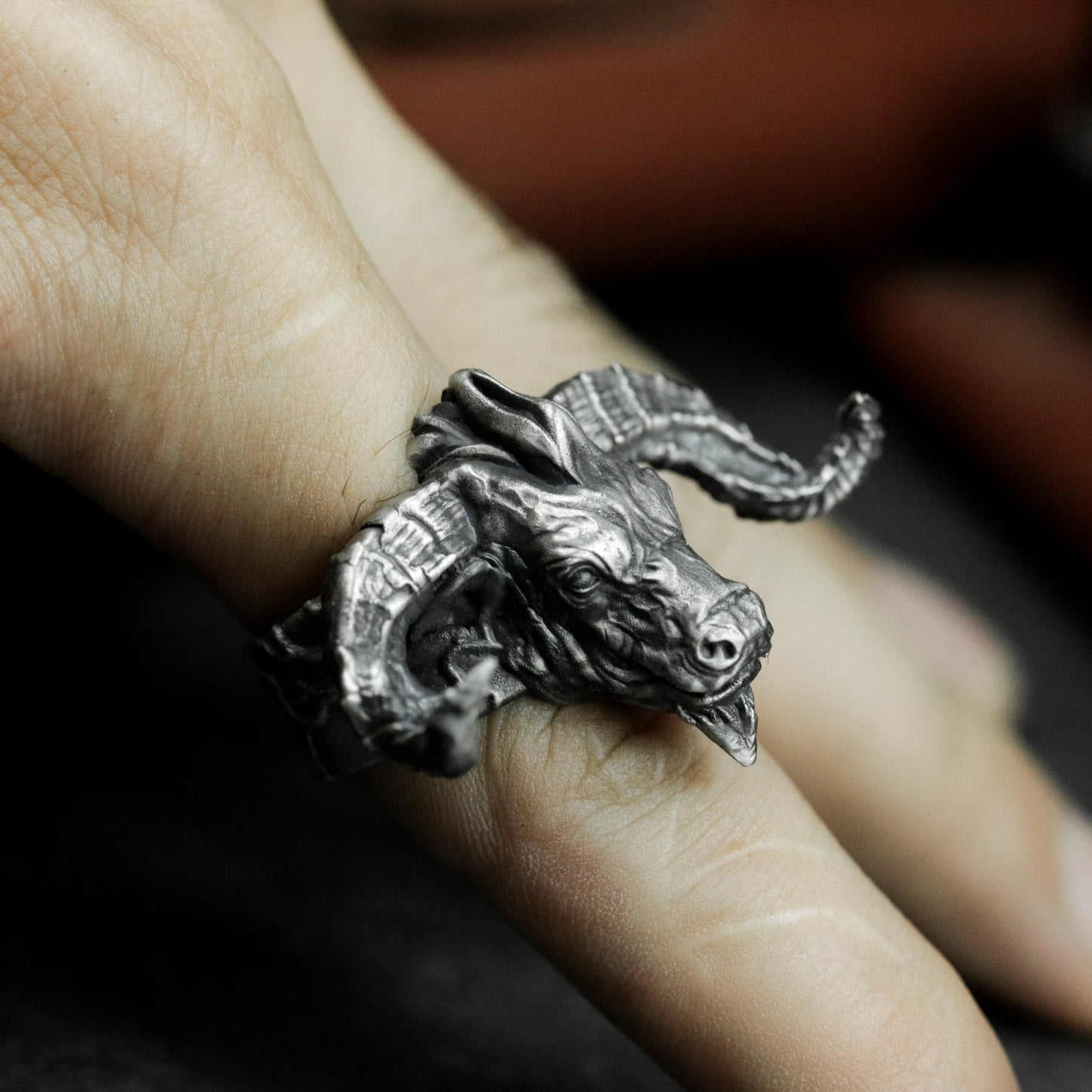 Horned Demon Ring ¨C Handmade 925 Silver Infernal Beast Band