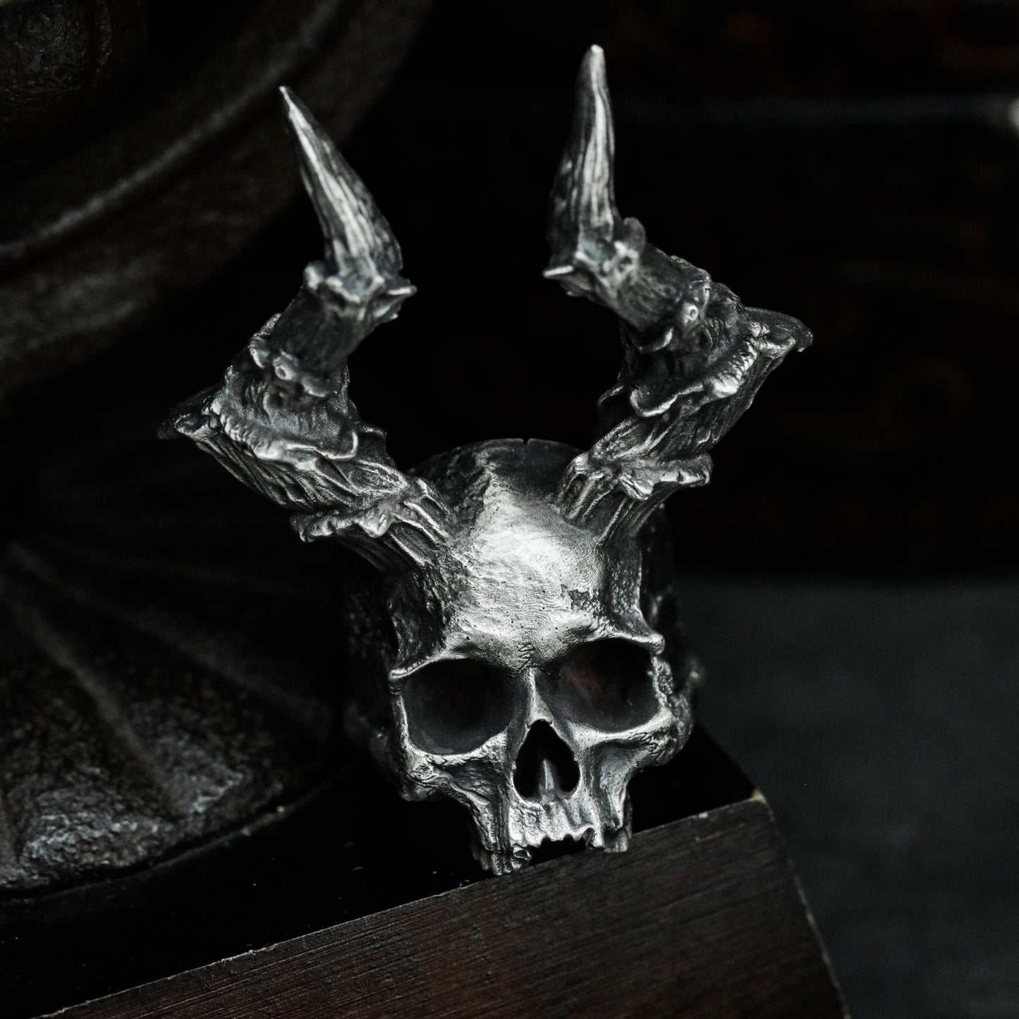 Horned Skull Ring with Bone Crown ¨C 925 Sterling Silver Handmade