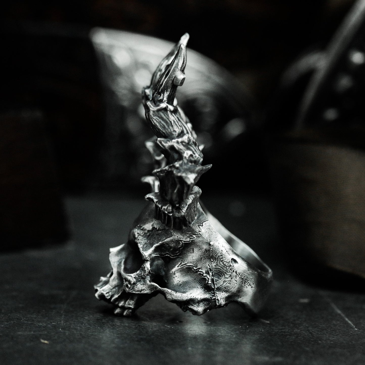 Horned Skull Ring with Bone Crown ¨C 925 Sterling Silver Handmade