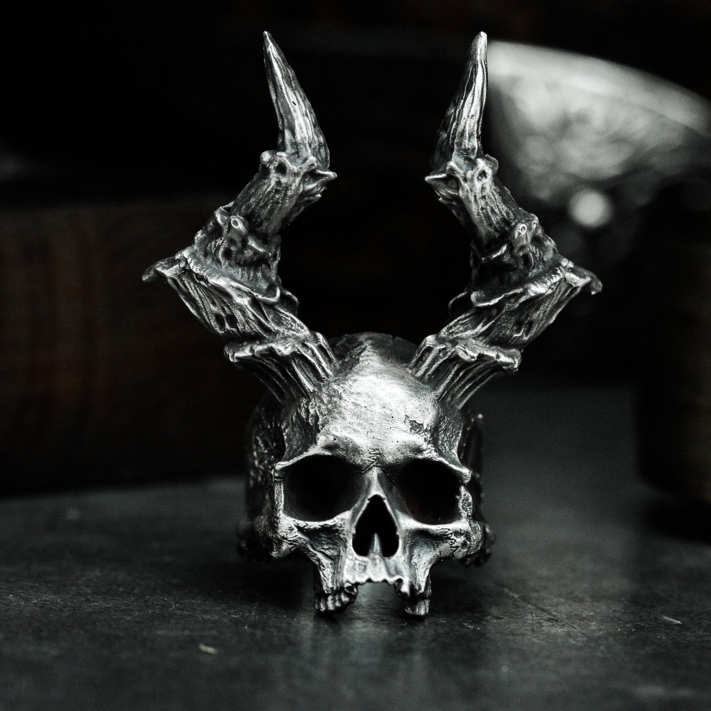 Horned Skull Ring with Bone Crown ¨C 925 Sterling Silver Handmade