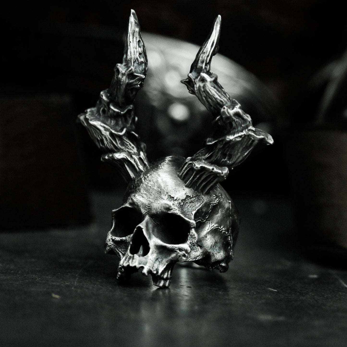 Horned Skull Ring with Bone Crown ¨C 925 Sterling Silver Handmade