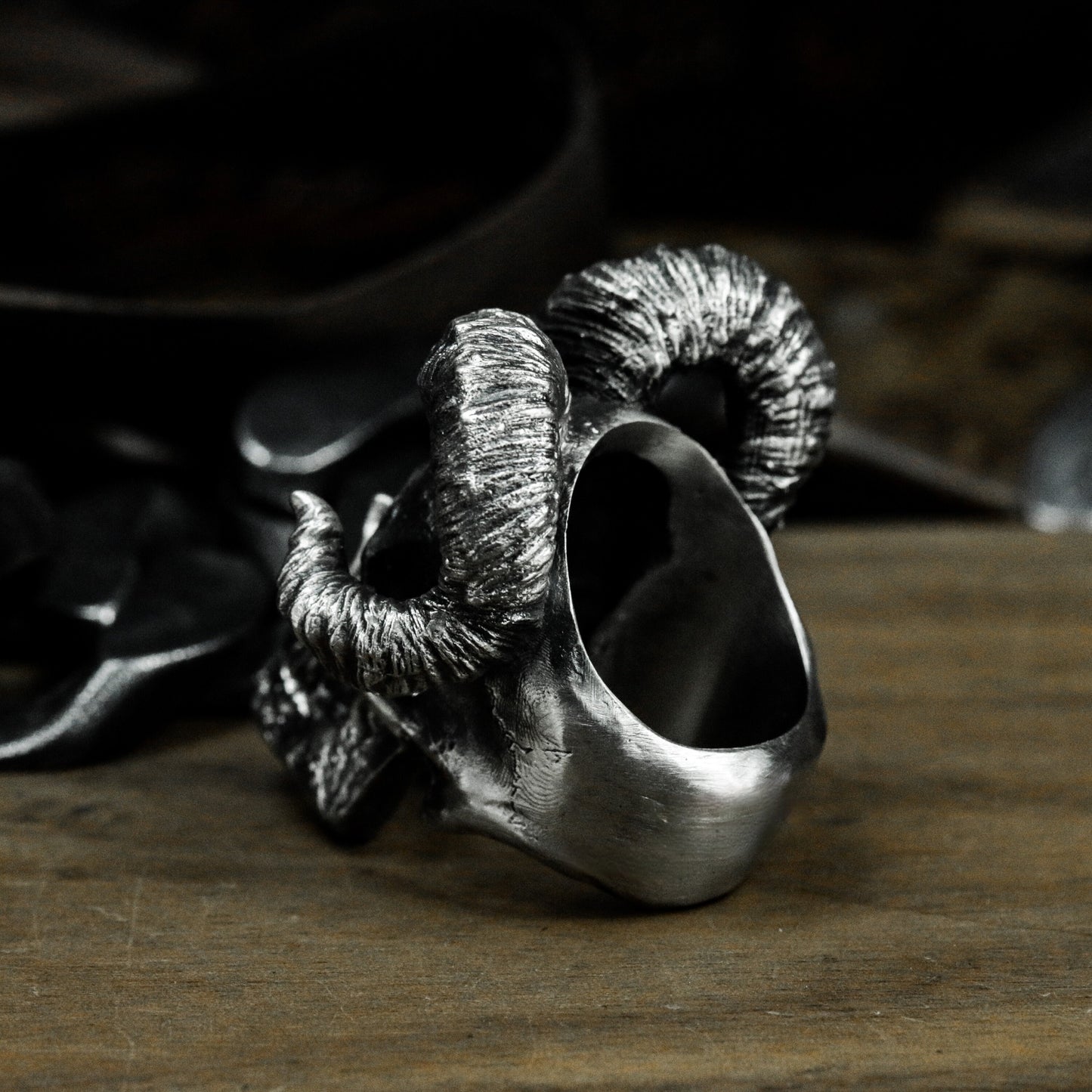 Ram Skull Ring with Curled Horns ¨C 925 Sterling Silver Handmade