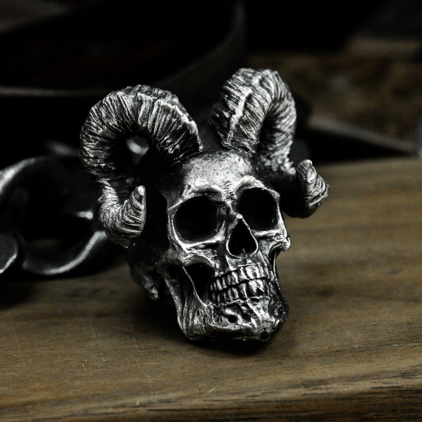 Ram Skull Ring with Curled Horns ¨C 925 Sterling Silver Handmade