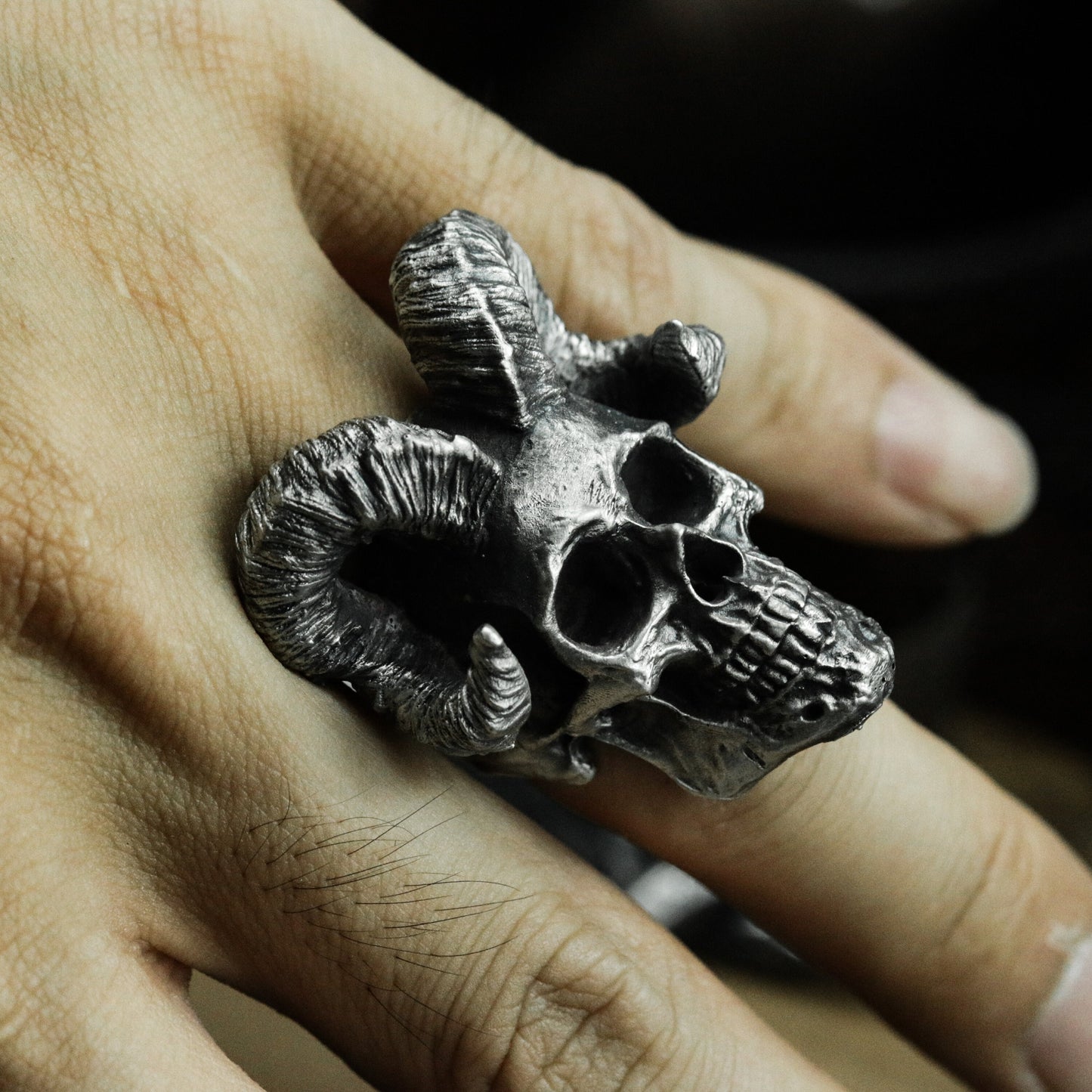 Ram Skull Ring with Curled Horns ¨C 925 Sterling Silver Handmade