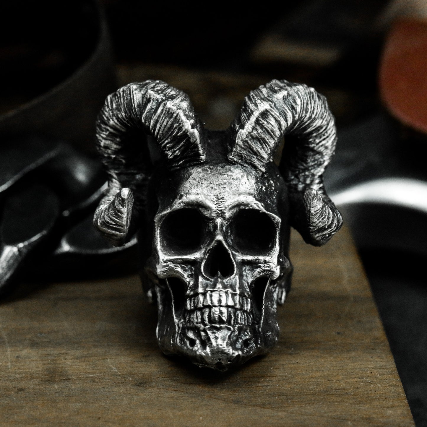 Ram Skull Ring with Curled Horns ¨C 925 Sterling Silver Handmade