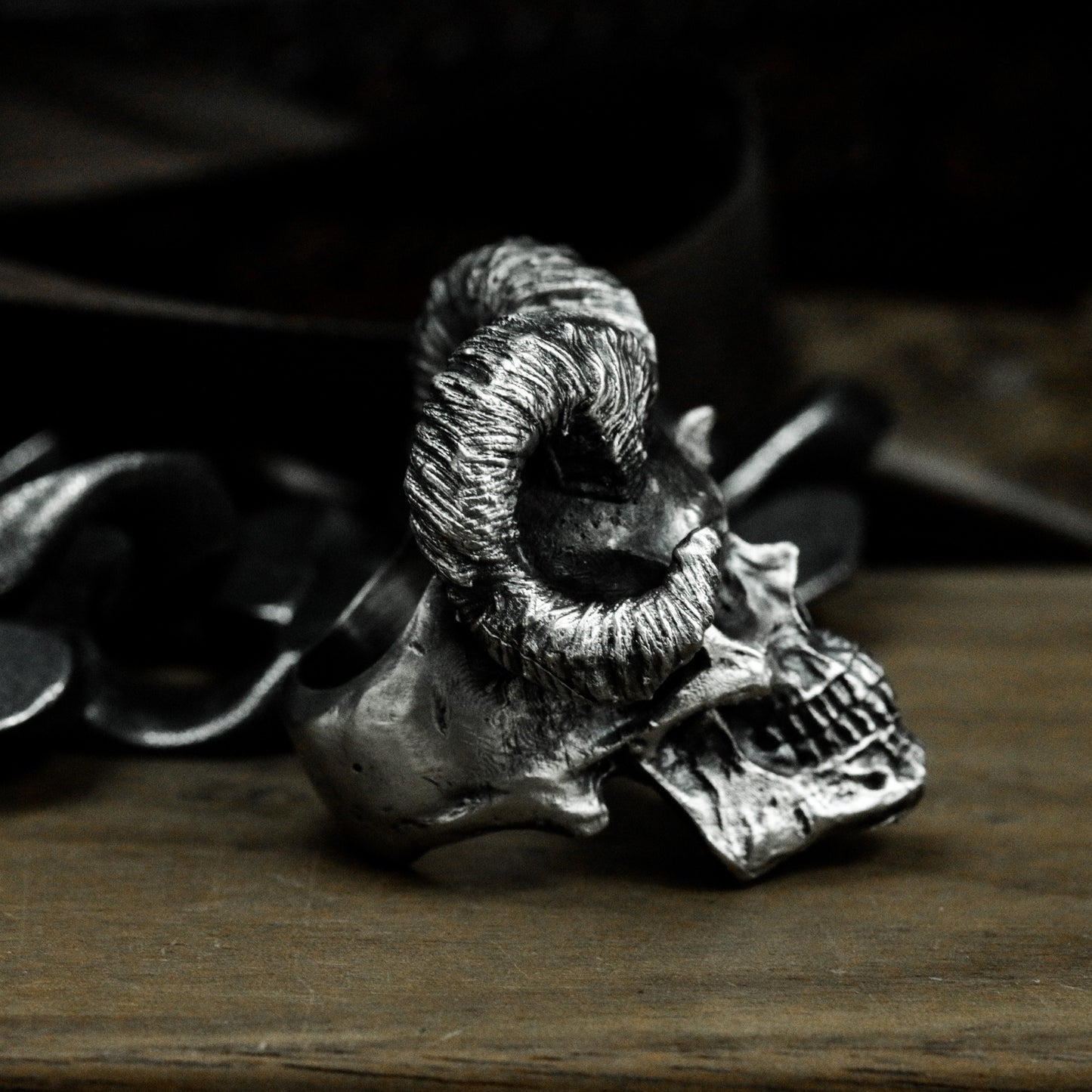 Ram Skull Ring with Curled Horns ¨C 925 Sterling Silver Handmade