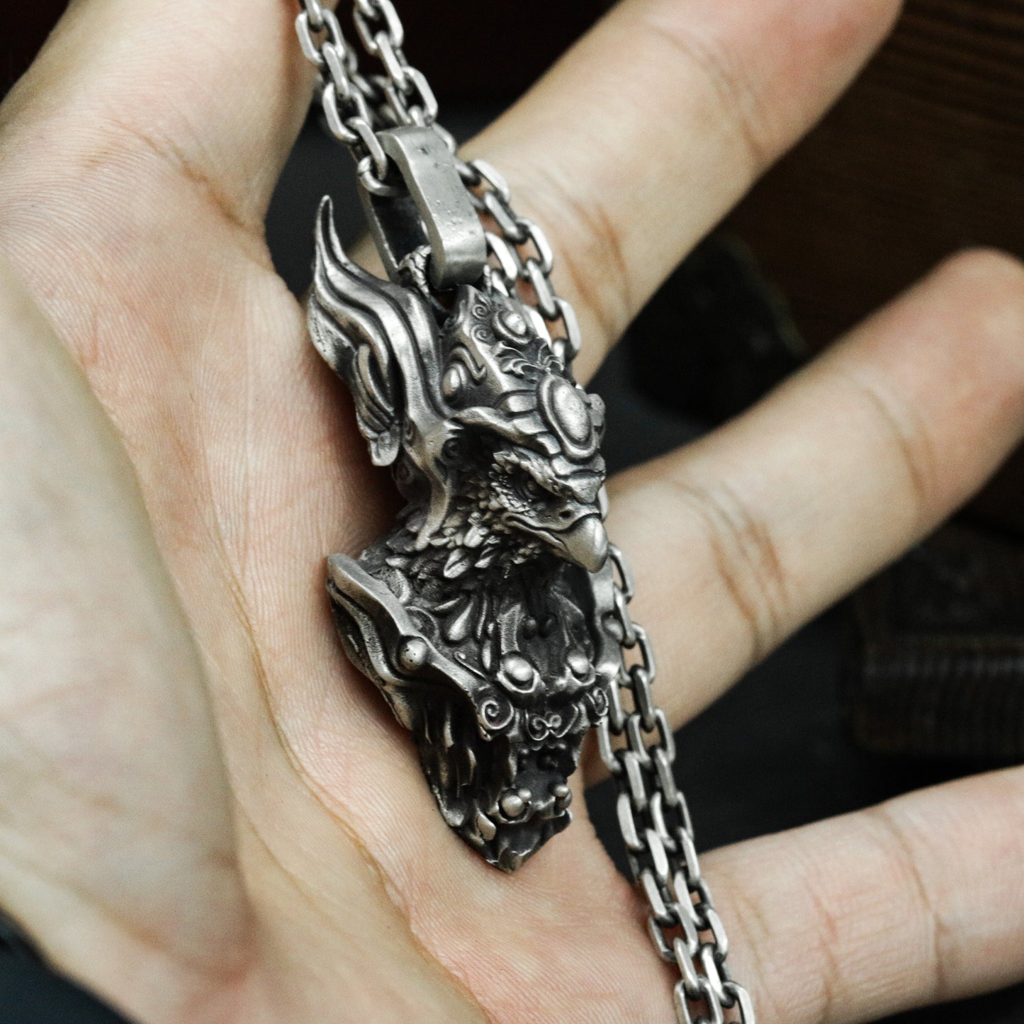 Eagle-Faced Warrior Pendant with Ornate Armor - 925 Sterling Silver Handmade