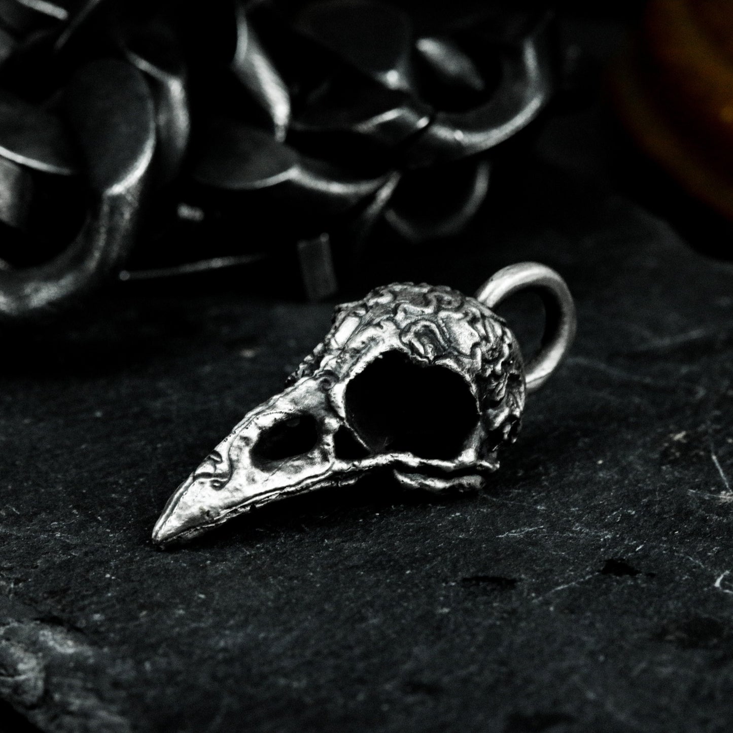 Bird Skull Pendant with Carved Details ¨C 925 Sterling Silver Handmade